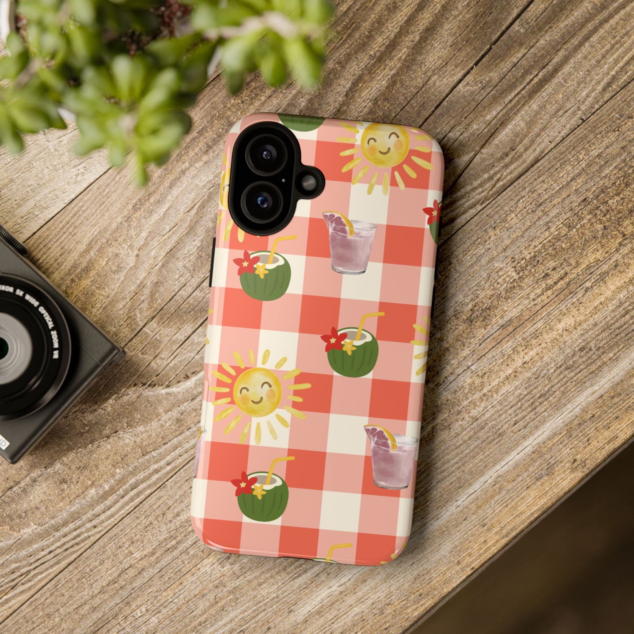 Sunny Picnic Phone Case — Cute Checkered Sun & Coconut Drink iPhone Tough Case