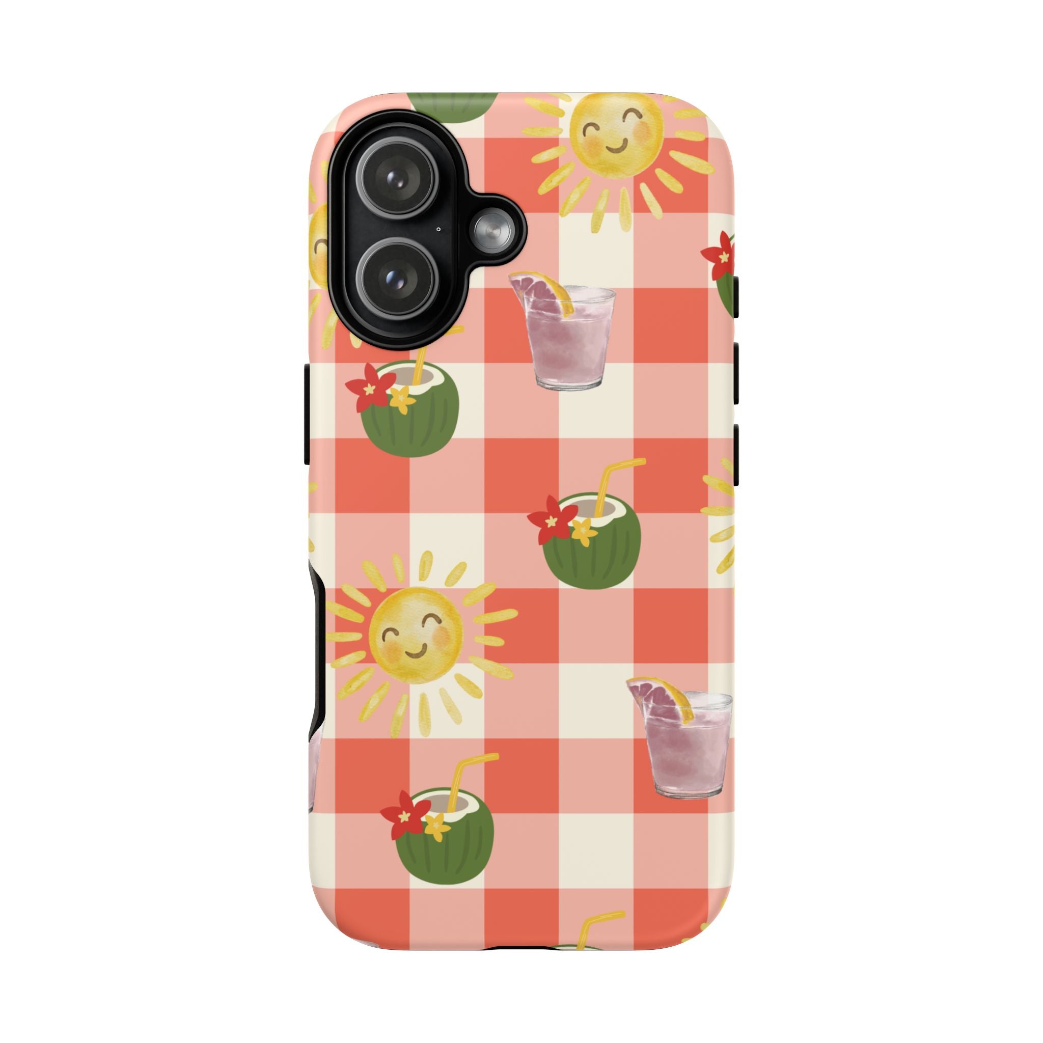 Sunny Picnic Phone Case — Cute Checkered Sun & Coconut Drink iPhone Tough Case