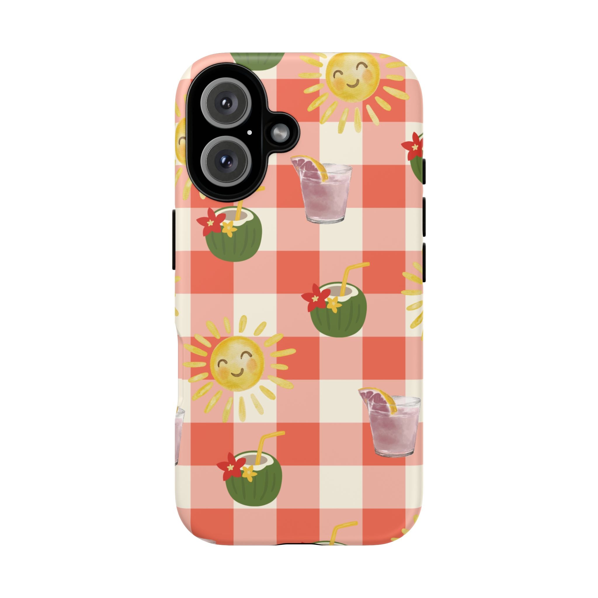 Sunny Picnic Phone Case — Cute Checkered Sun & Coconut Drink iPhone Tough Case