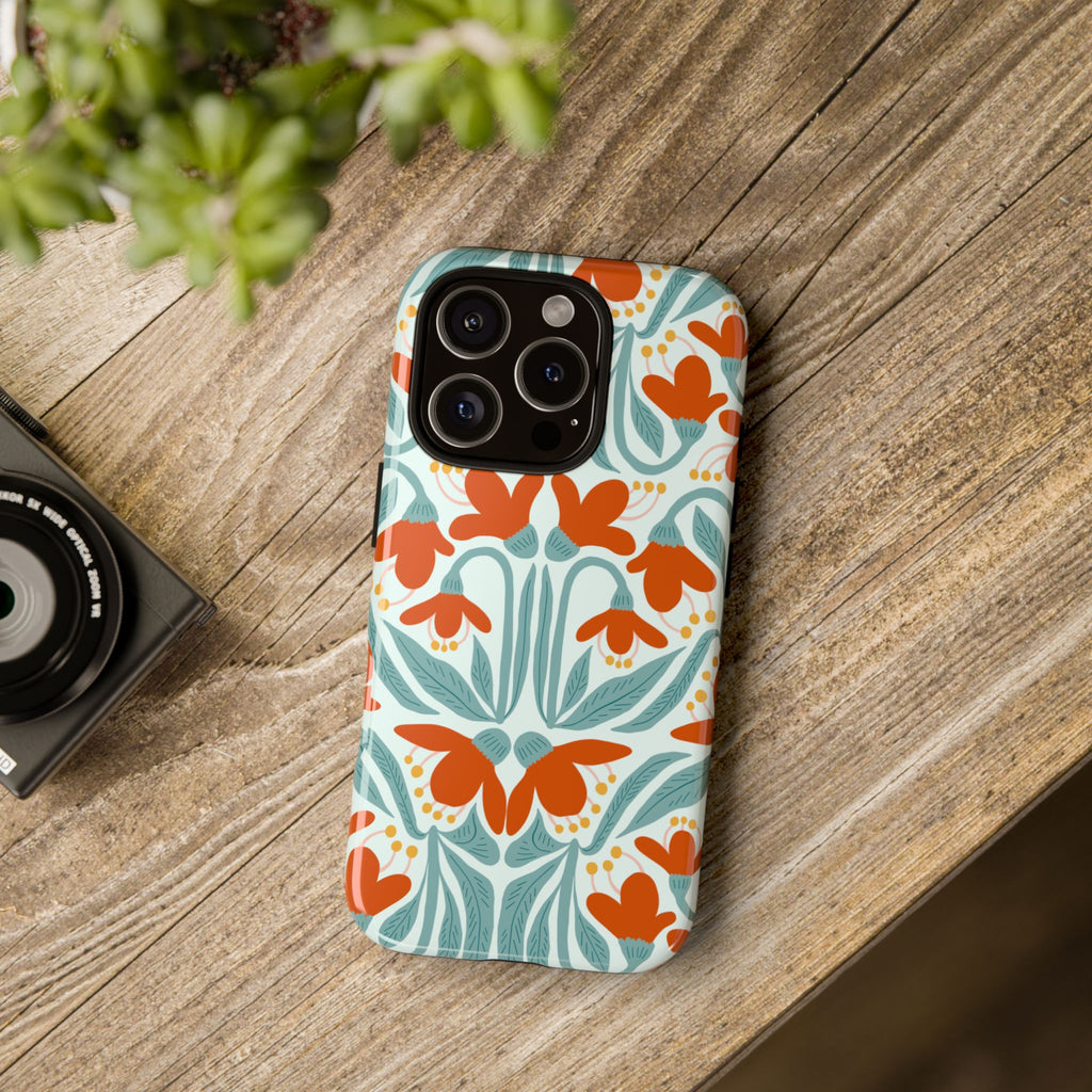 Floral Retro Phone Case – Orange Teal Vintage Blossom Tough Case