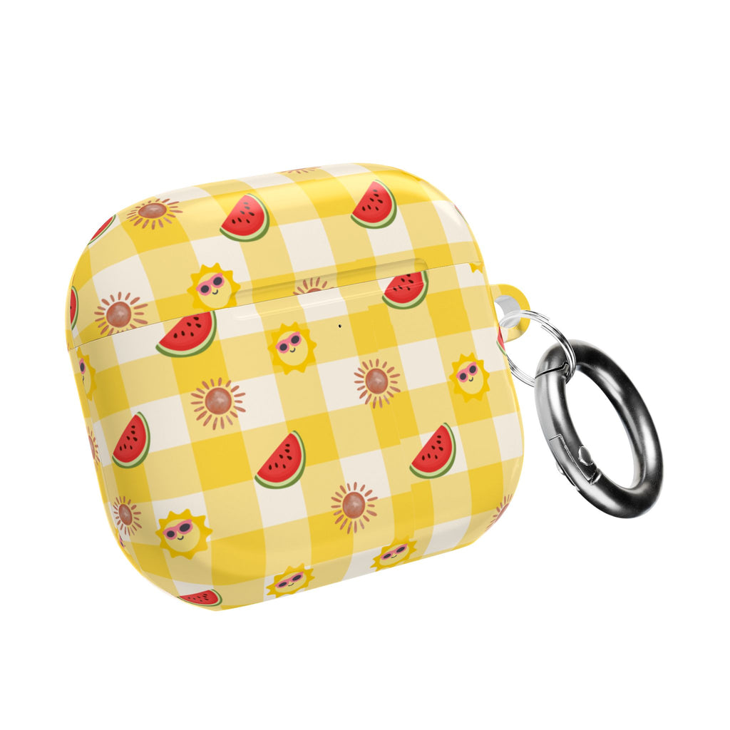Summer Picnic AirPods Case — Yellow Gingham Watermelon & Sunglasses Sun Design