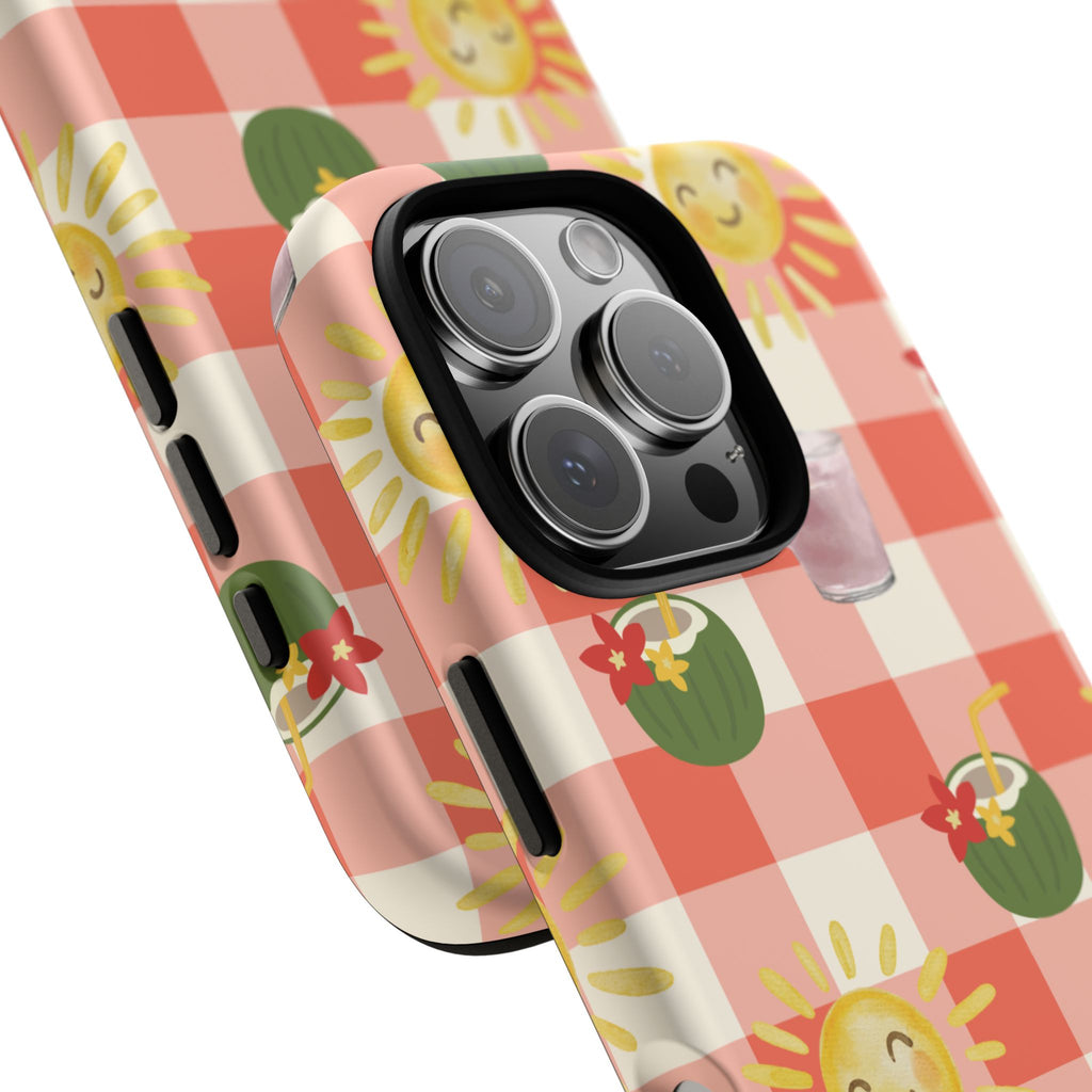 Sunny Picnic Phone Case — Cute Checkered Sun & Coconut Drink iPhone Tough Case