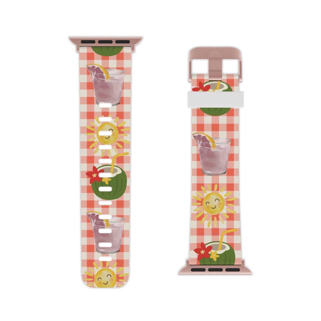 Apple Watch Band — Summer Picnic Gingham with Lemonade & Sunny Icons
