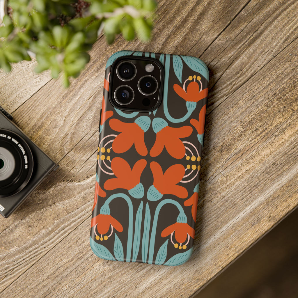 Floral Retro Tough Phone Case - Orange & Teal Pattern