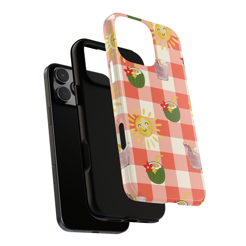 Sunny Picnic Phone Case — Cute Checkered Sun & Coconut Drink iPhone Tough Case