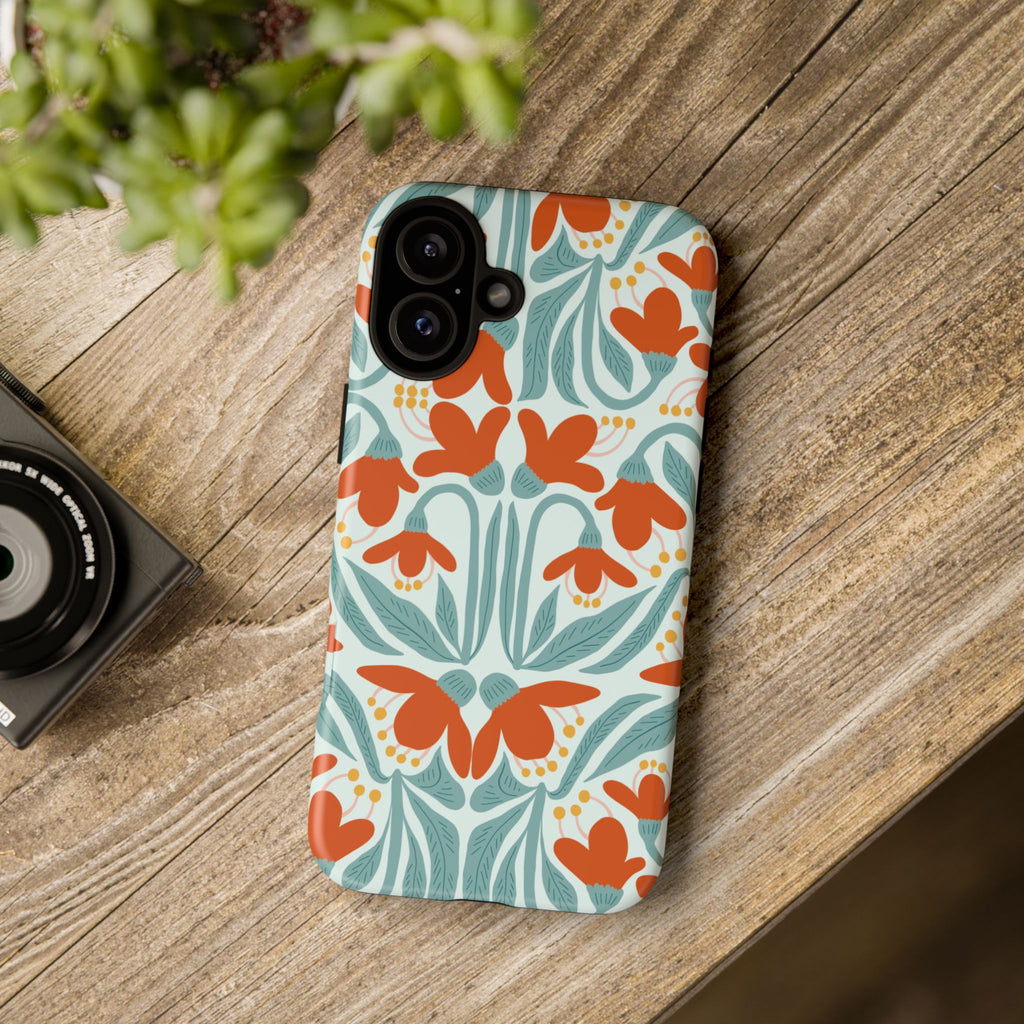 Floral Retro Phone Case – Orange Teal Vintage Blossom Tough Case