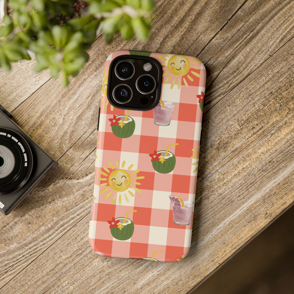 Sunny Picnic Phone Case — Cute Checkered Sun & Coconut Drink iPhone Tough Case