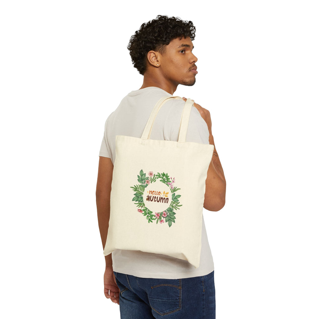 Hello Autumn Canvas Tote Bag – Floral Fall Wreath Reusable Shopper