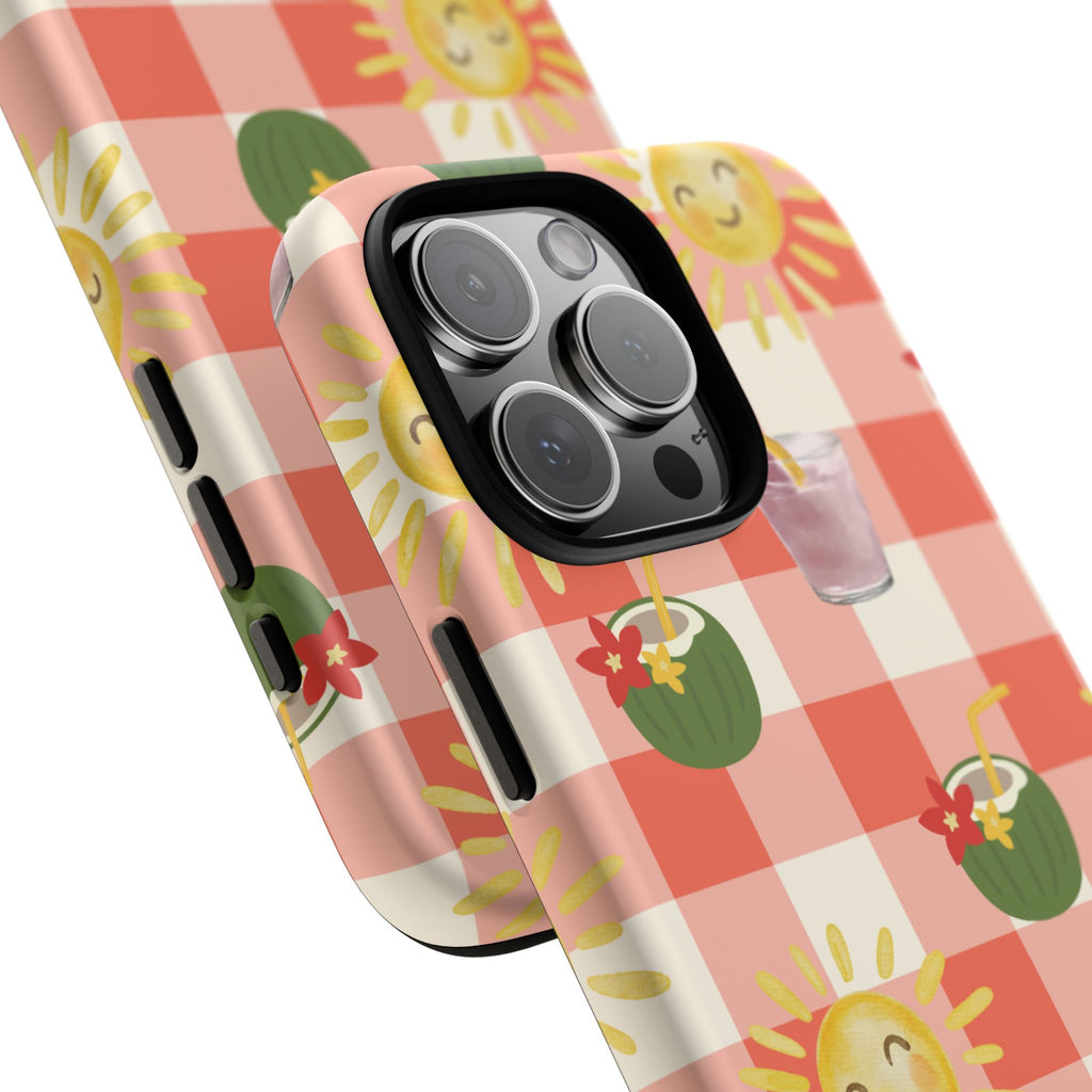 Sunny Picnic Phone Case — Cute Checkered Sun & Coconut Drink iPhone Tough Case