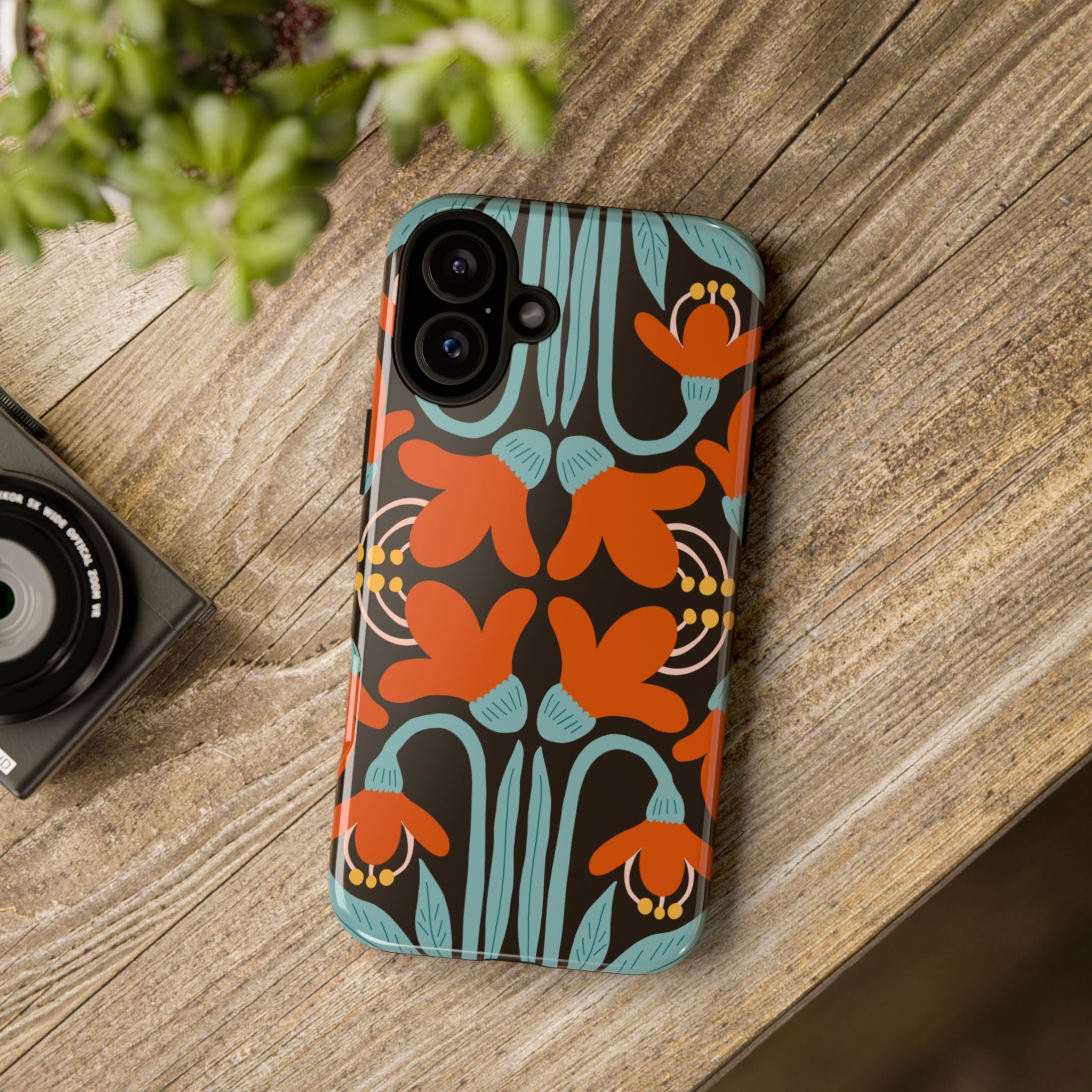 Floral Retro Tough Phone Case - Orange & Teal Pattern