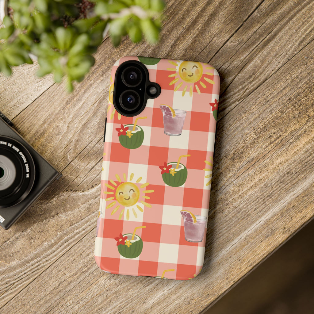 Sunny Picnic Phone Case — Cute Checkered Sun & Coconut Drink iPhone Tough Case