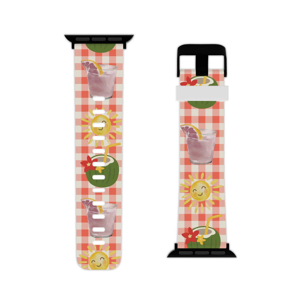 Apple Watch Band — Summer Picnic Gingham with Lemonade & Sunny Icons