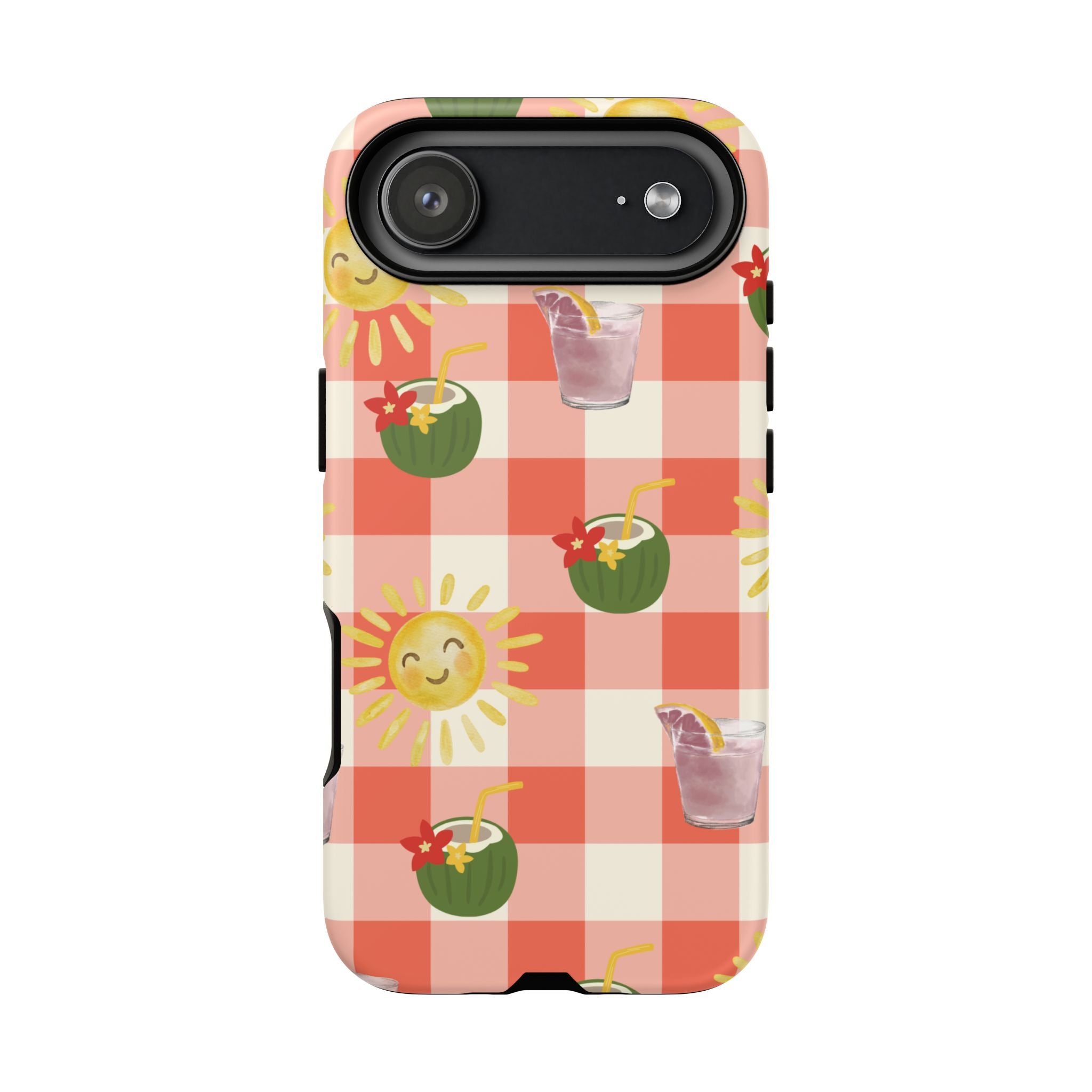Sunny Picnic Phone Case — Cute Checkered Sun & Coconut Drink iPhone Tough Case