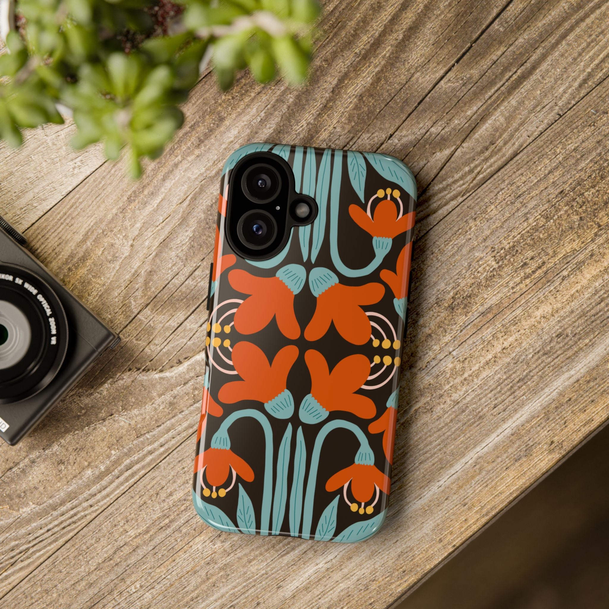 Floral Retro Tough Phone Case - Orange & Teal Pattern
