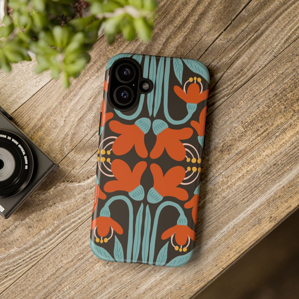 Floral Retro Tough Phone Case - Orange & Teal Pattern