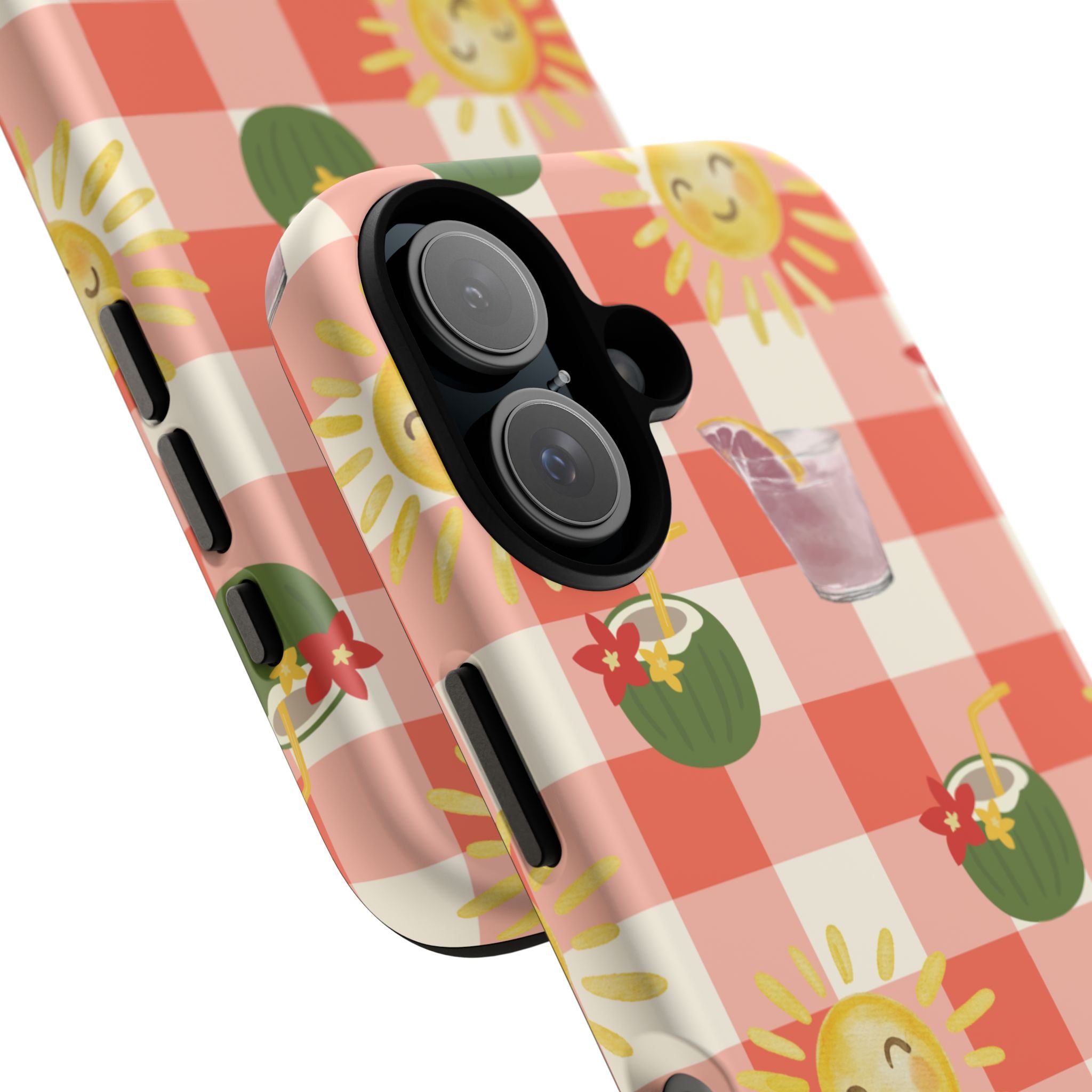 Sunny Picnic Phone Case — Cute Checkered Sun & Coconut Drink iPhone Tough Case