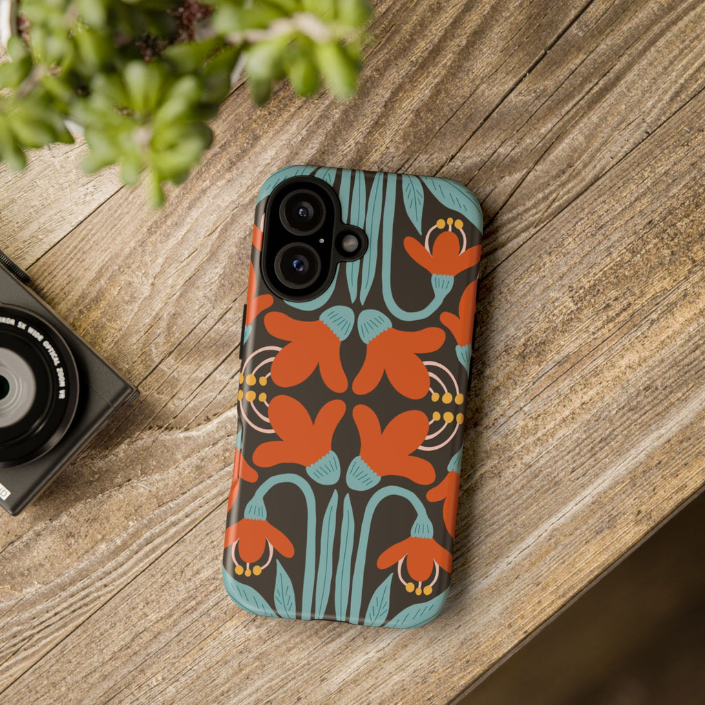 Floral Retro Tough Phone Case - Orange & Teal Pattern