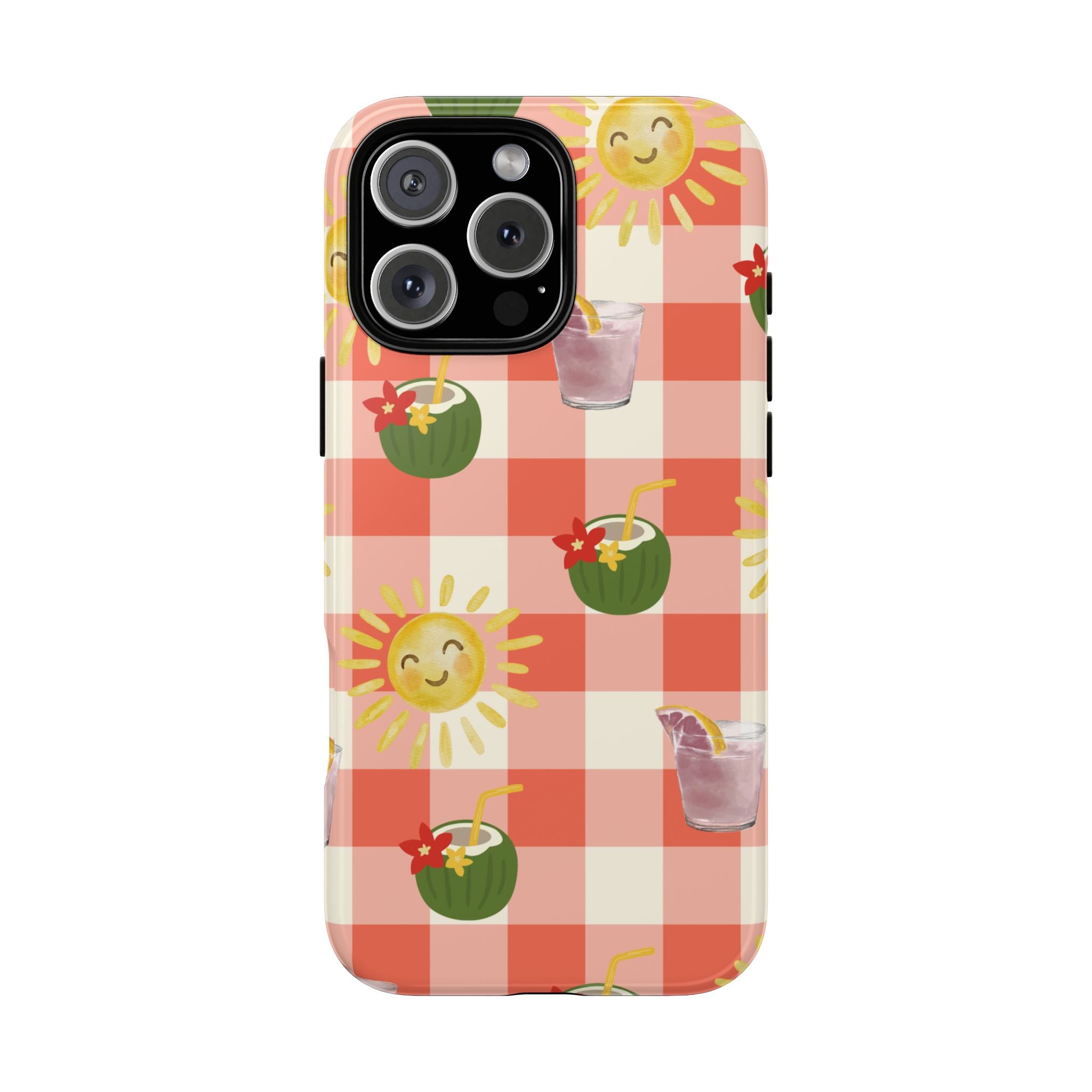 Sunny Picnic Phone Case — Cute Checkered Sun & Coconut Drink iPhone Tough Case