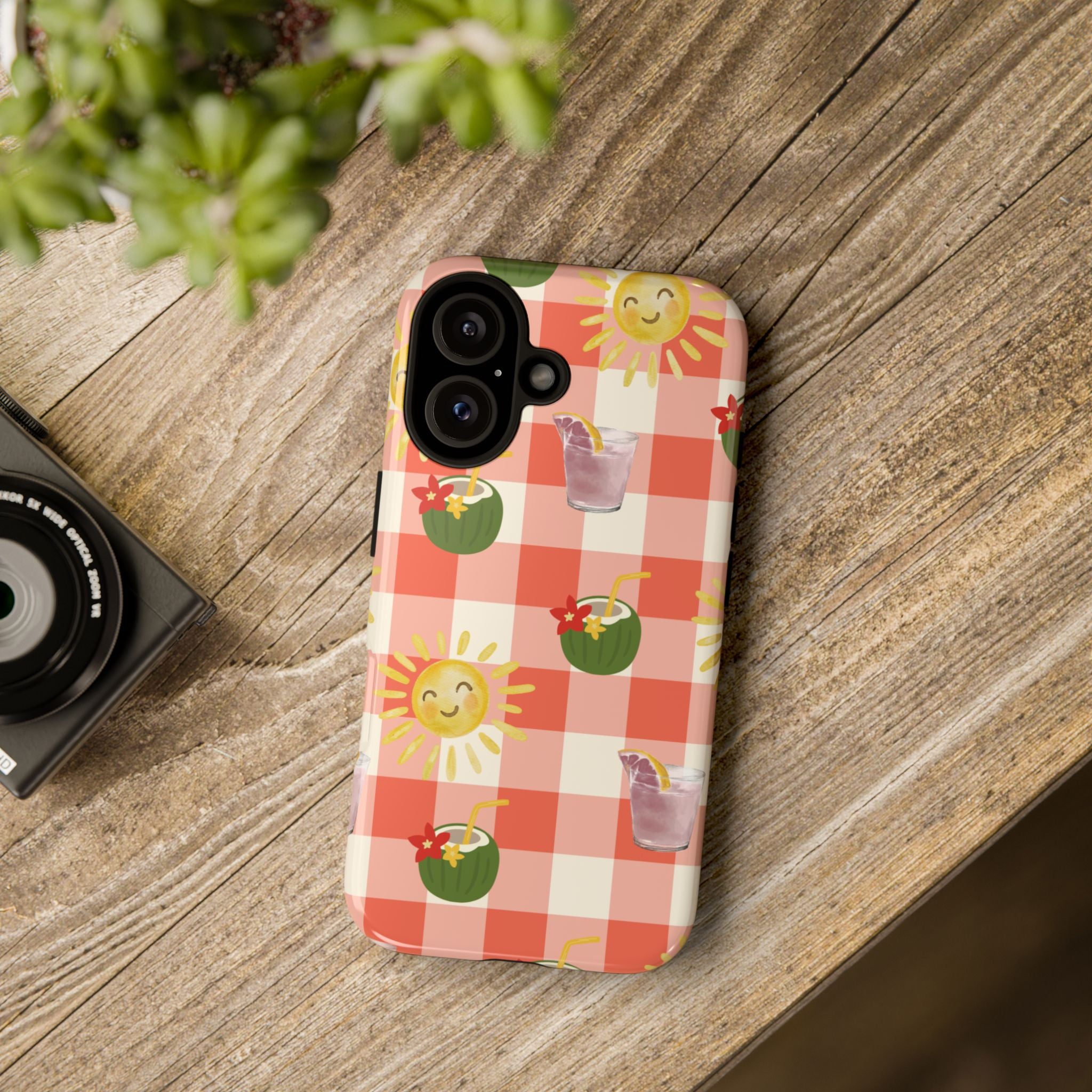 Sunny Picnic Phone Case — Cute Checkered Sun & Coconut Drink iPhone Tough Case