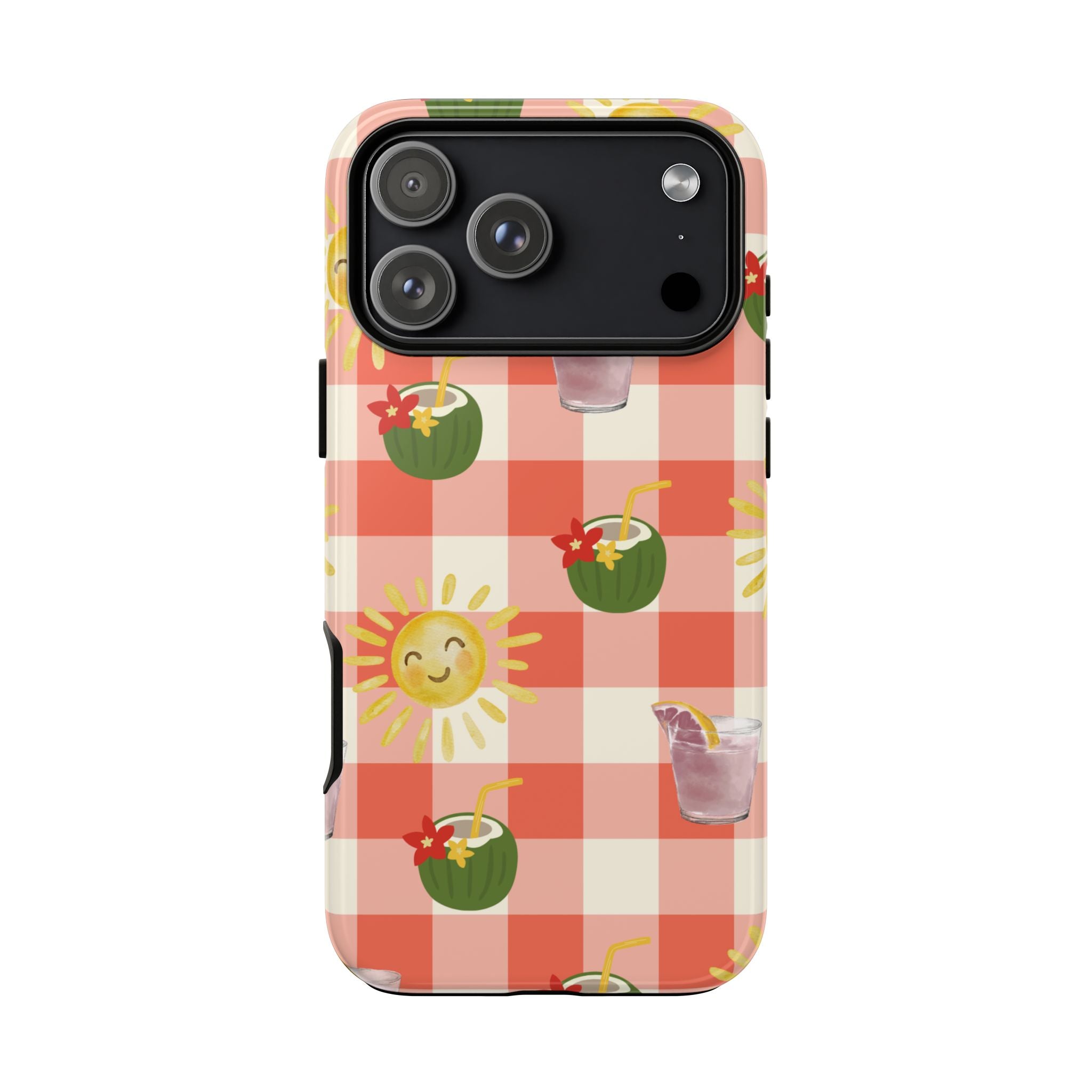 Sunny Picnic Phone Case — Cute Checkered Sun & Coconut Drink iPhone Tough Case