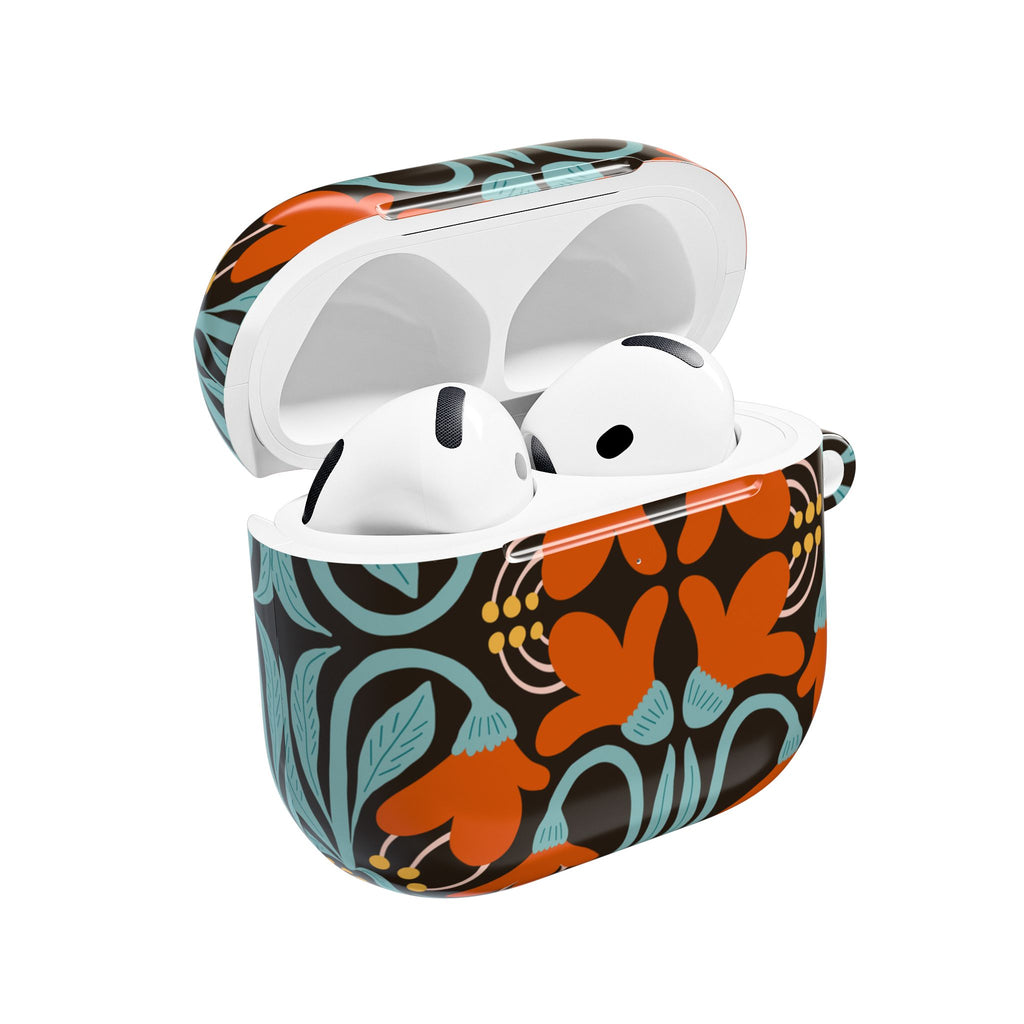 Floral Retro Pattern AirPod Case — Orange & Teal Decorative Earbud Cover