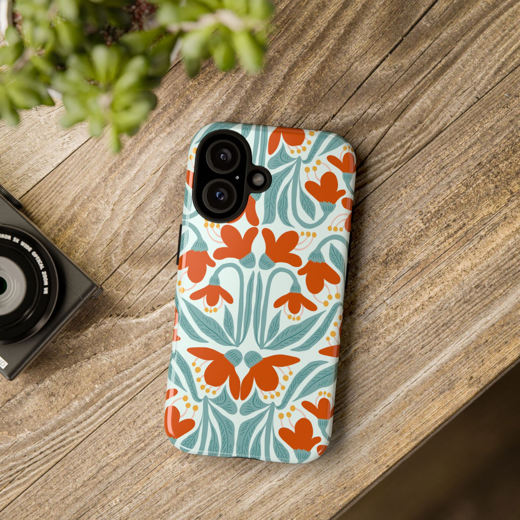 Floral Retro Phone Case – Orange Teal Vintage Blossom Tough Case