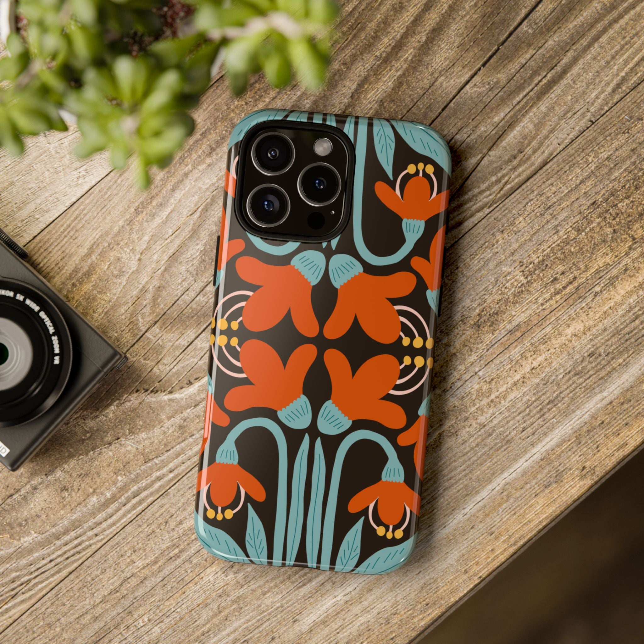 Floral Retro Tough Phone Case - Orange & Teal Pattern