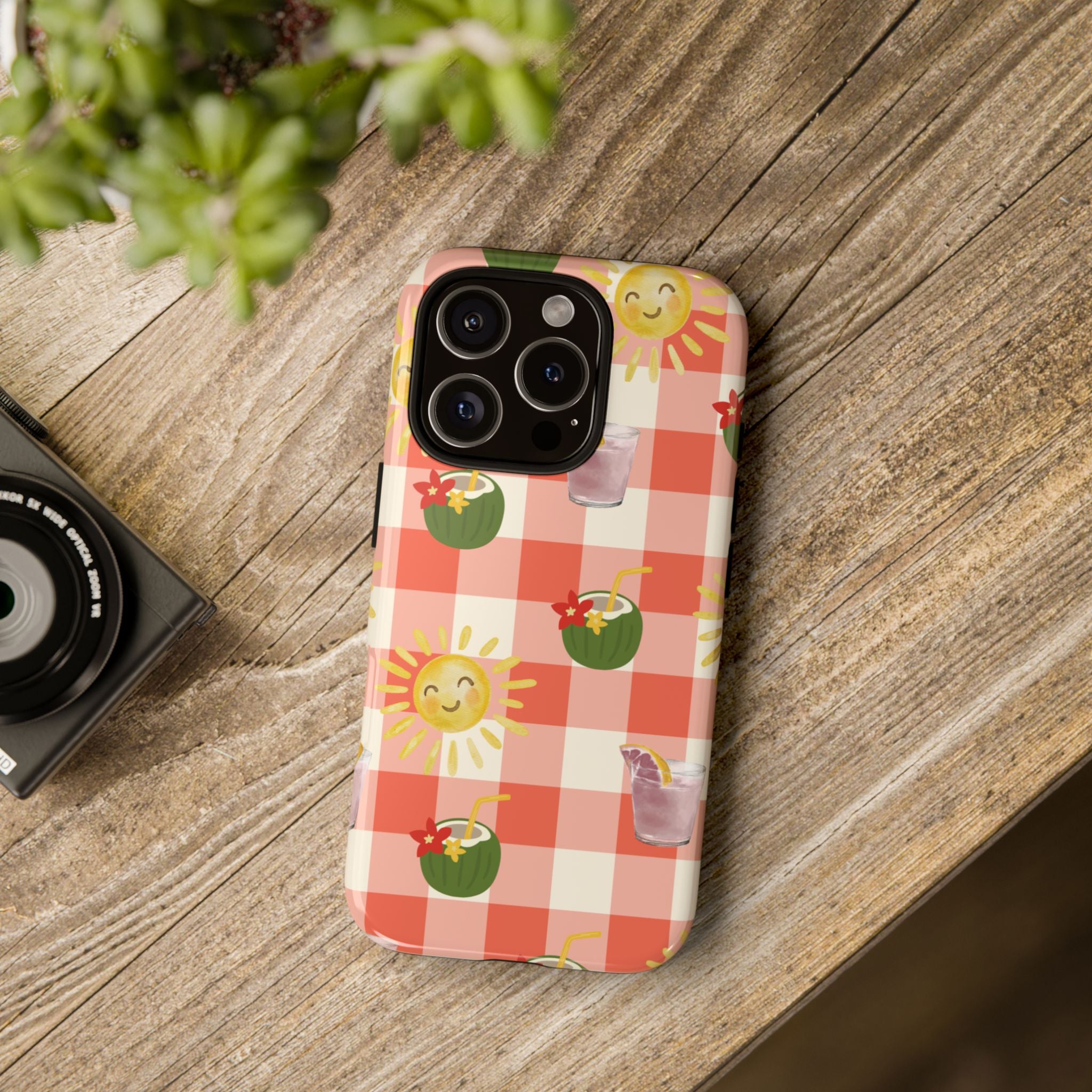 Sunny Picnic Phone Case — Cute Checkered Sun & Coconut Drink iPhone Tough Case
