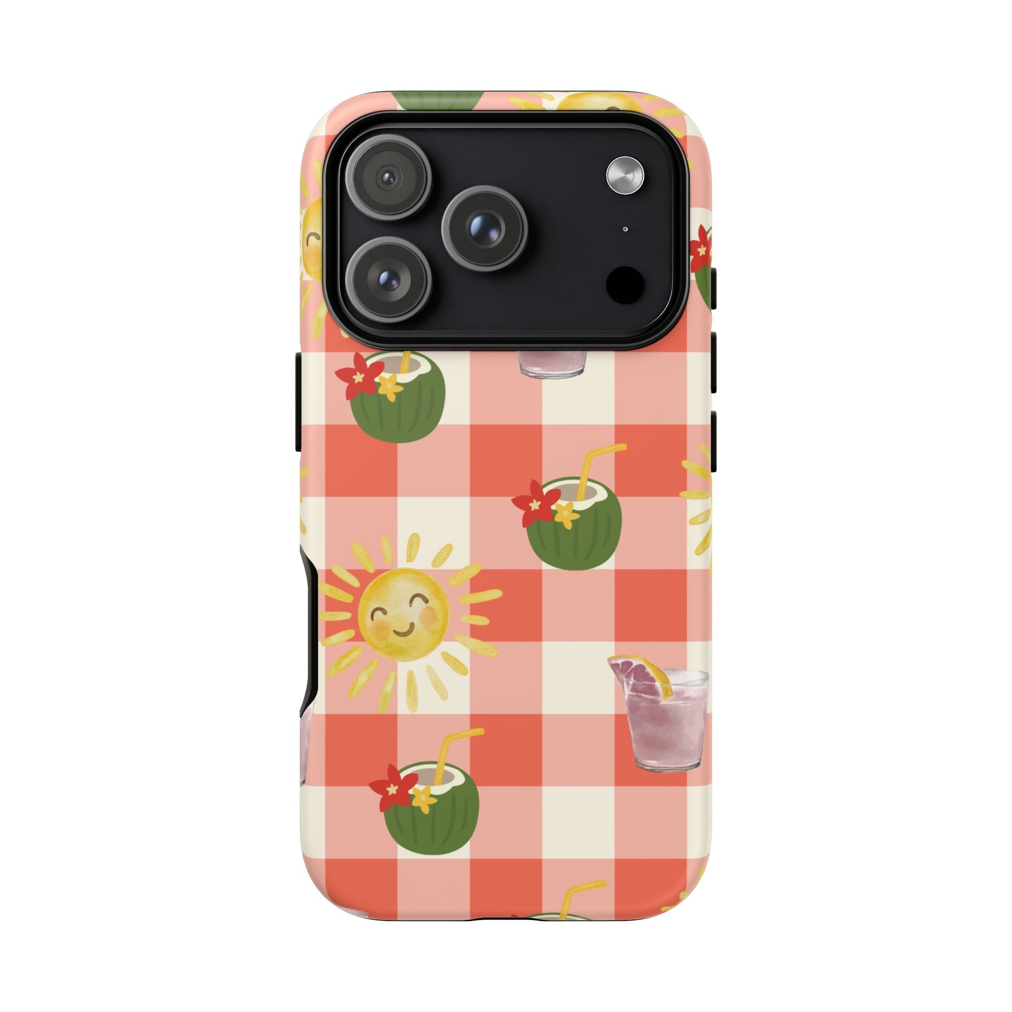 Sunny Picnic Phone Case — Cute Checkered Sun & Coconut Drink iPhone Tough Case