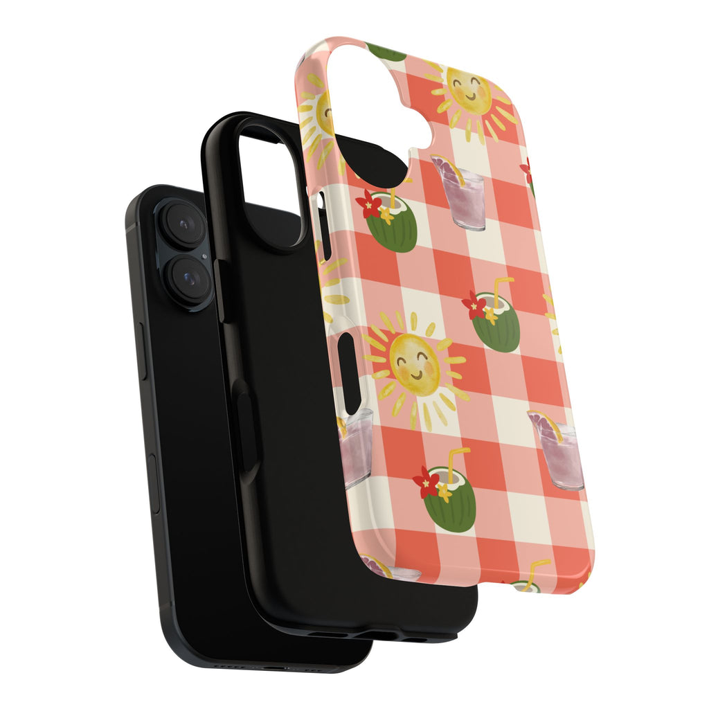 Sunny Picnic Phone Case — Cute Checkered Sun & Coconut Drink iPhone Tough Case