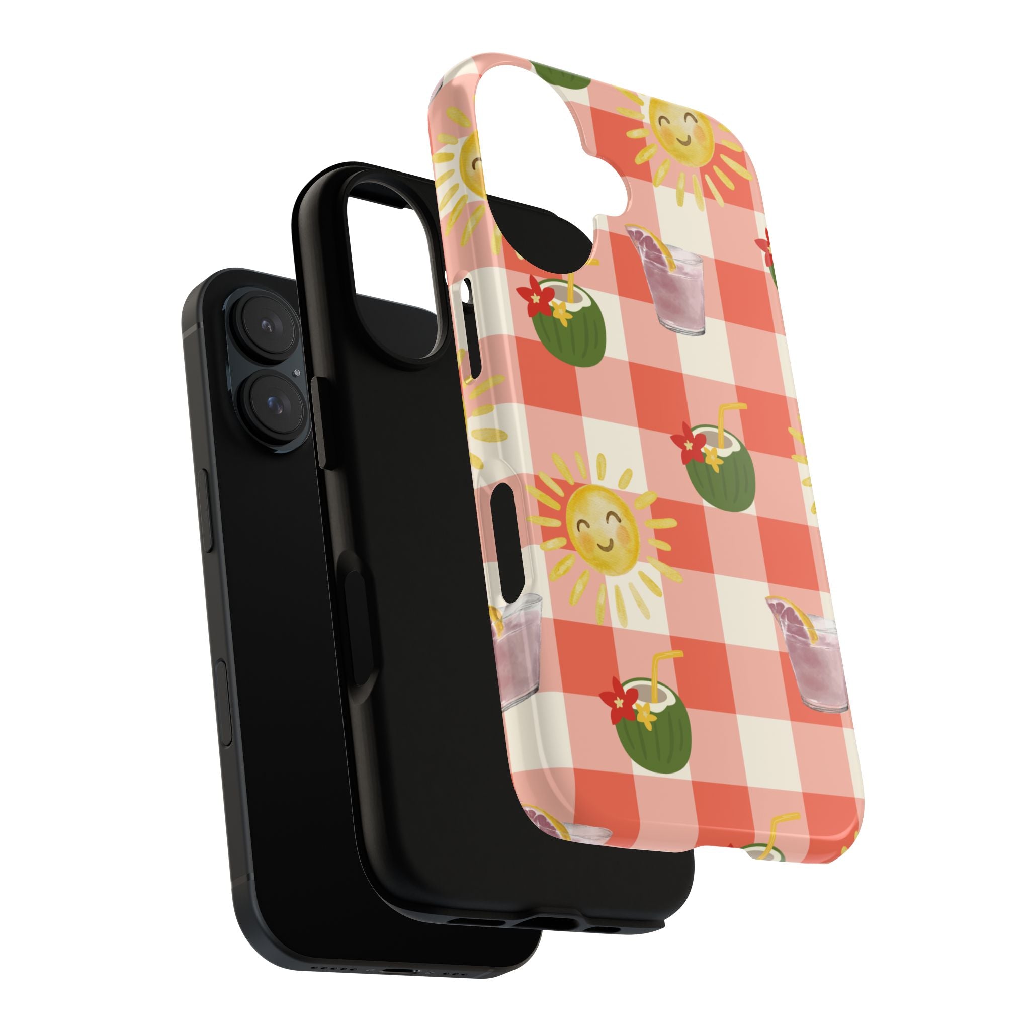 Sunny Picnic Phone Case — Cute Checkered Sun & Coconut Drink iPhone Tough Case