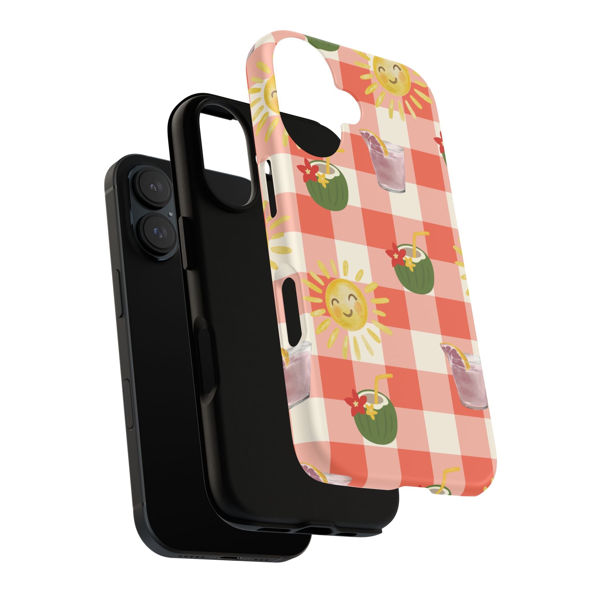 Sunny Picnic Phone Case — Cute Checkered Sun & Coconut Drink iPhone Tough Case