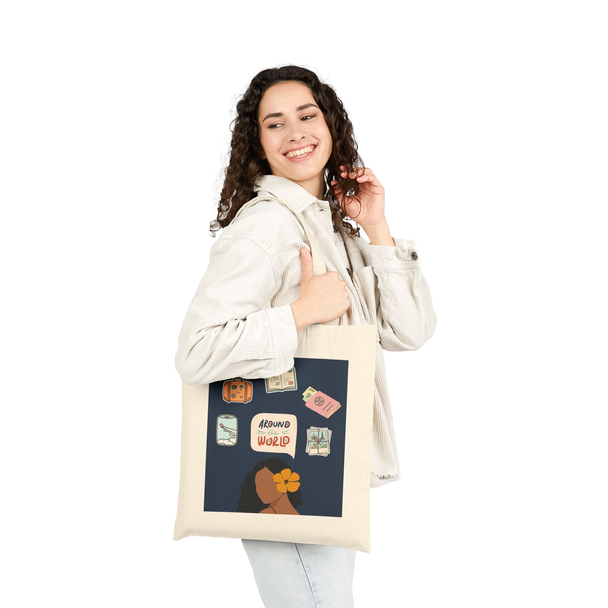 Tote Bag — Around the World Travel Tote with Passport & Luggage Illustration