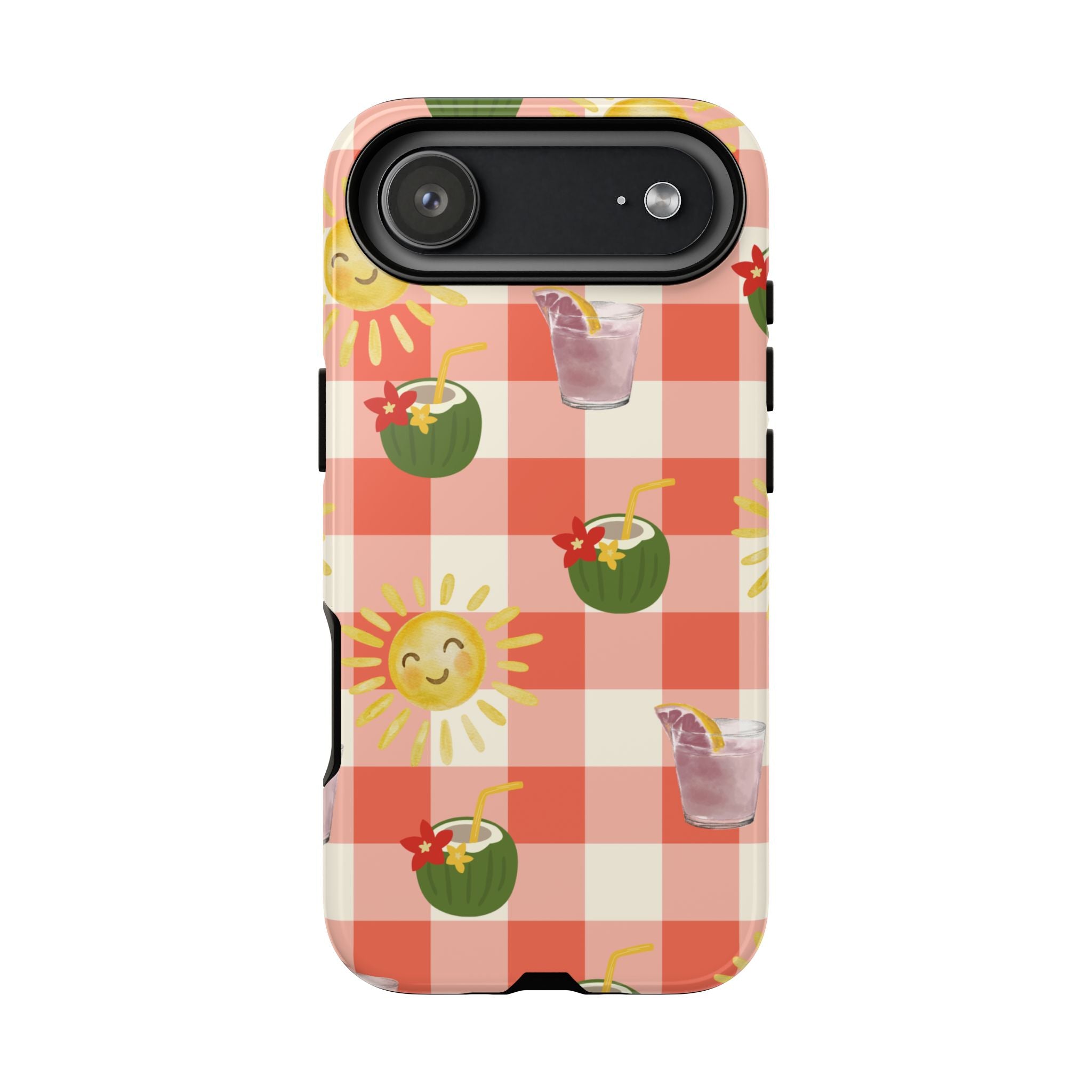 Sunny Picnic Phone Case — Cute Checkered Sun & Coconut Drink iPhone Tough Case