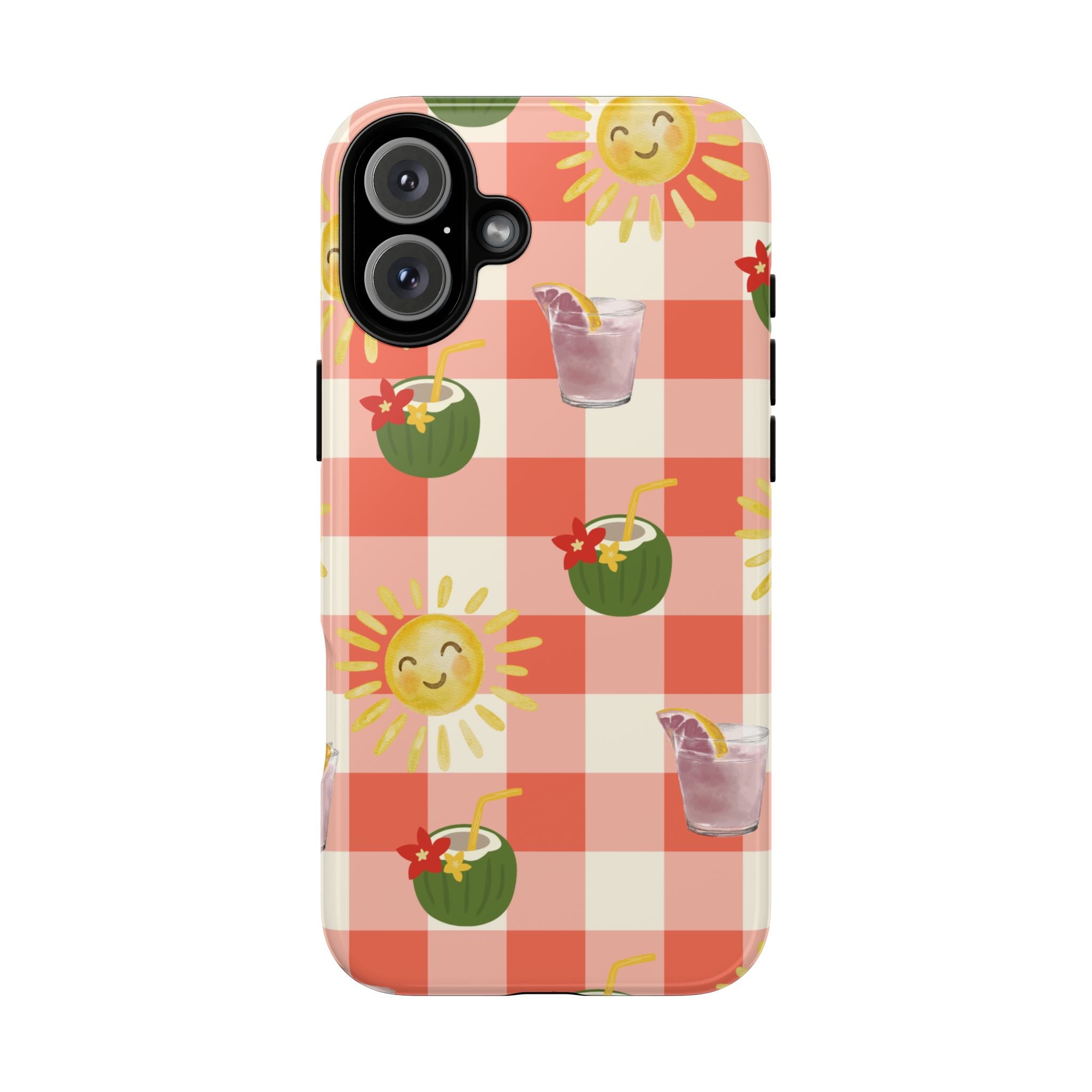 Sunny Picnic Phone Case — Cute Checkered Sun & Coconut Drink iPhone Tough Case