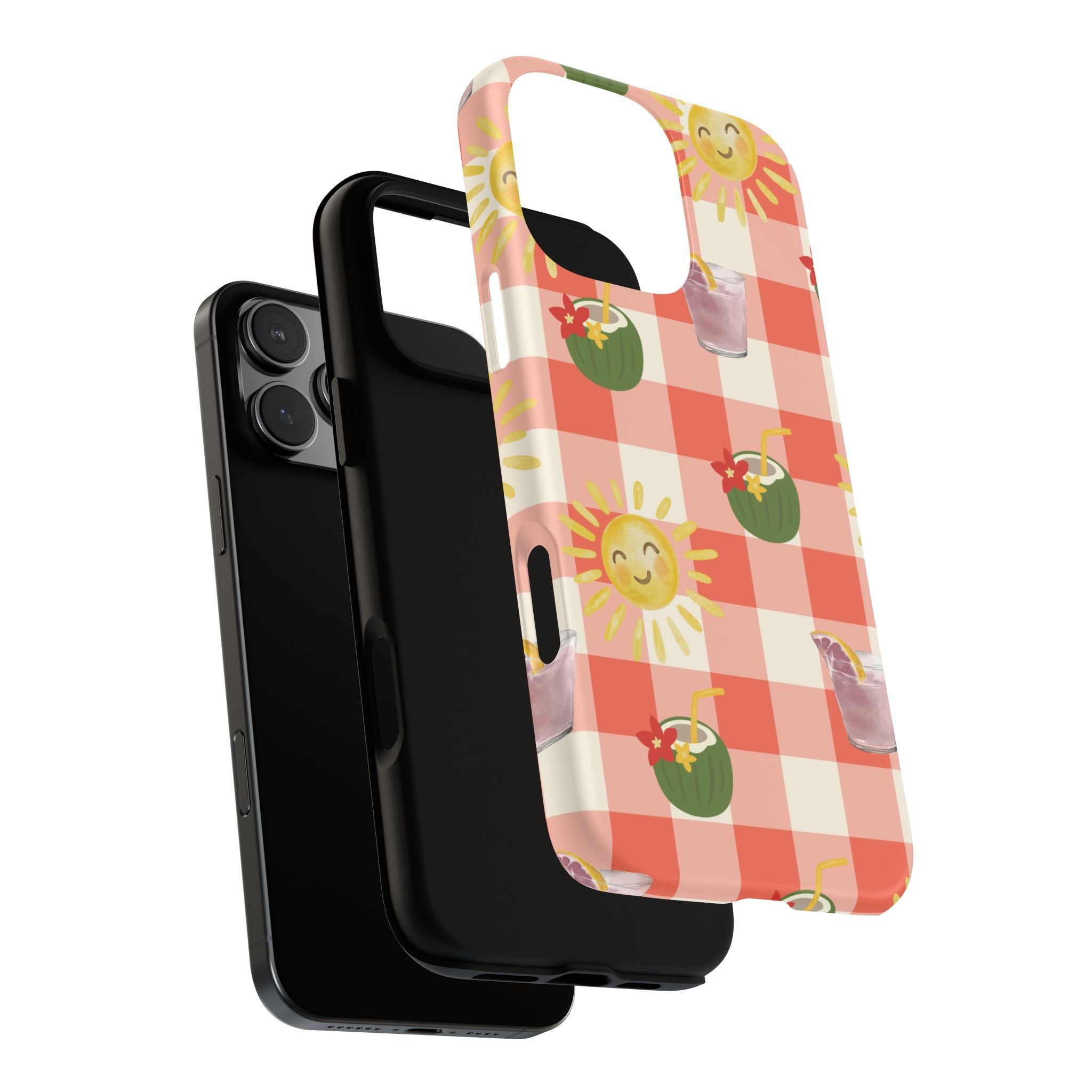 Sunny Picnic Phone Case — Cute Checkered Sun & Coconut Drink iPhone Tough Case