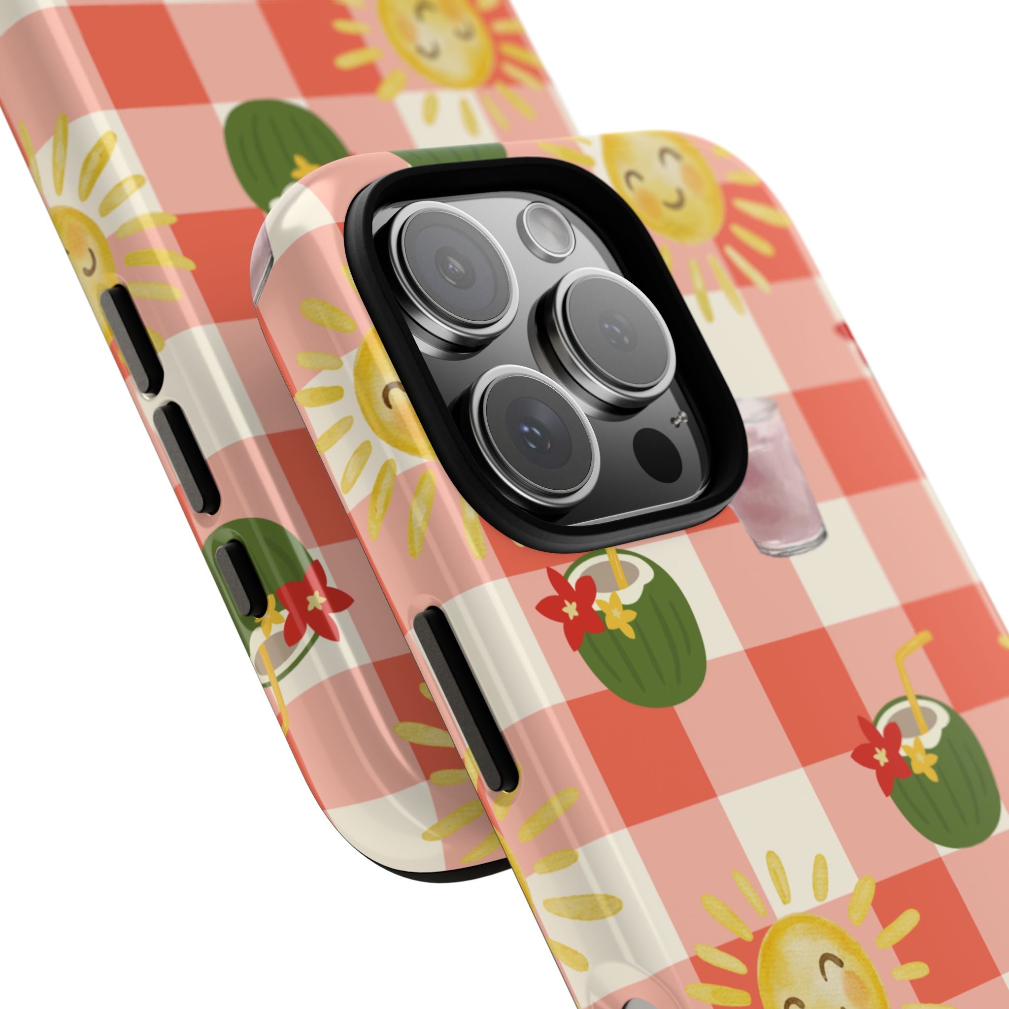 Sunny Picnic Phone Case — Cute Checkered Sun & Coconut Drink iPhone Tough Case