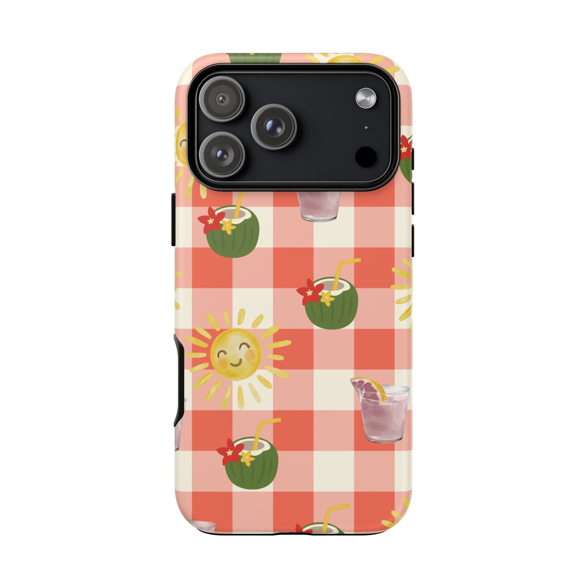 Sunny Picnic Phone Case — Cute Checkered Sun & Coconut Drink iPhone Tough Case
