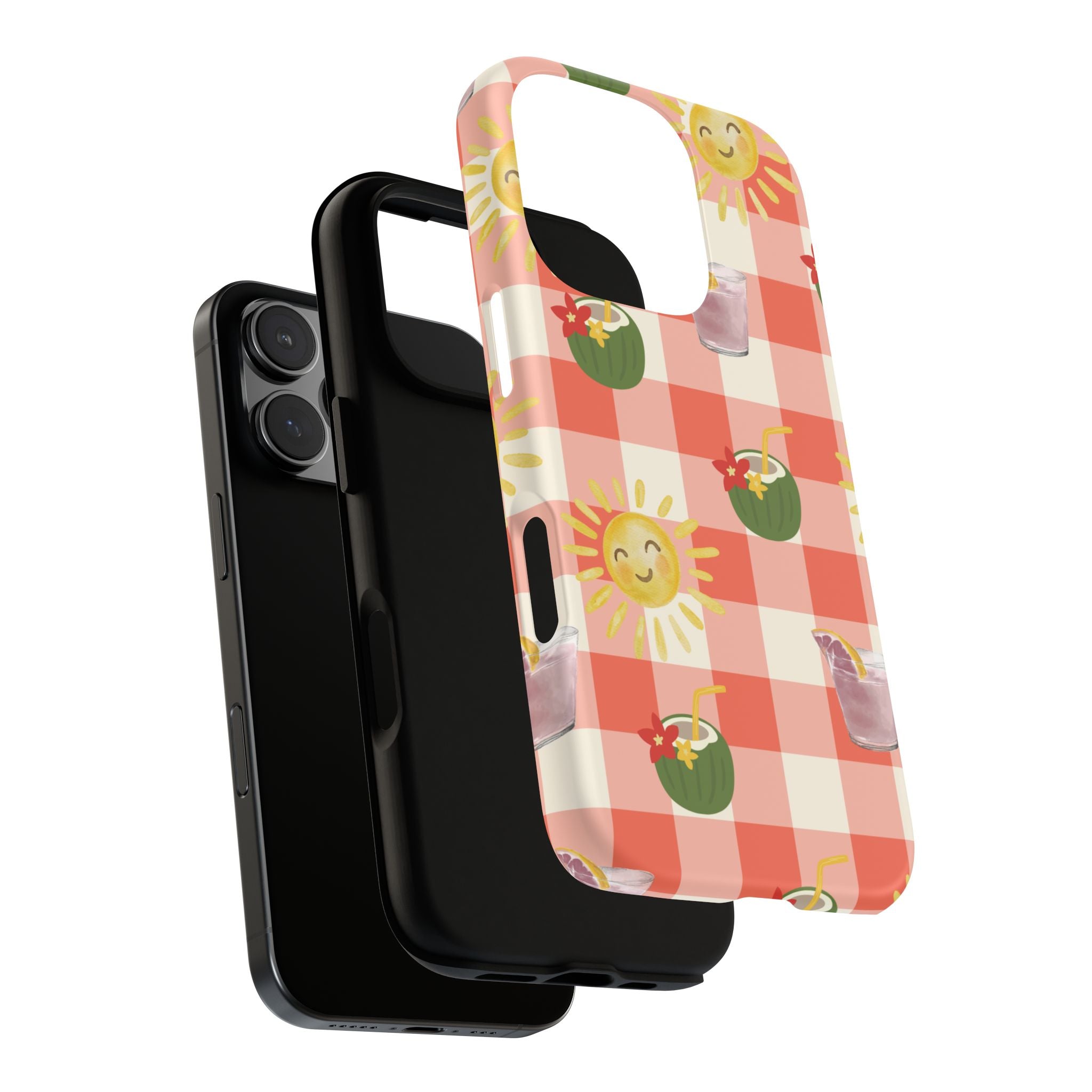 Sunny Picnic Phone Case — Cute Checkered Sun & Coconut Drink iPhone Tough Case