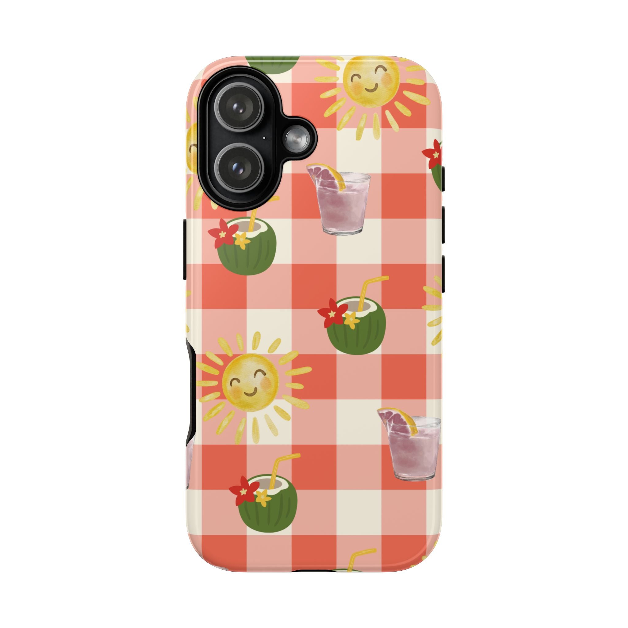 Sunny Picnic Phone Case — Cute Checkered Sun & Coconut Drink iPhone Tough Case
