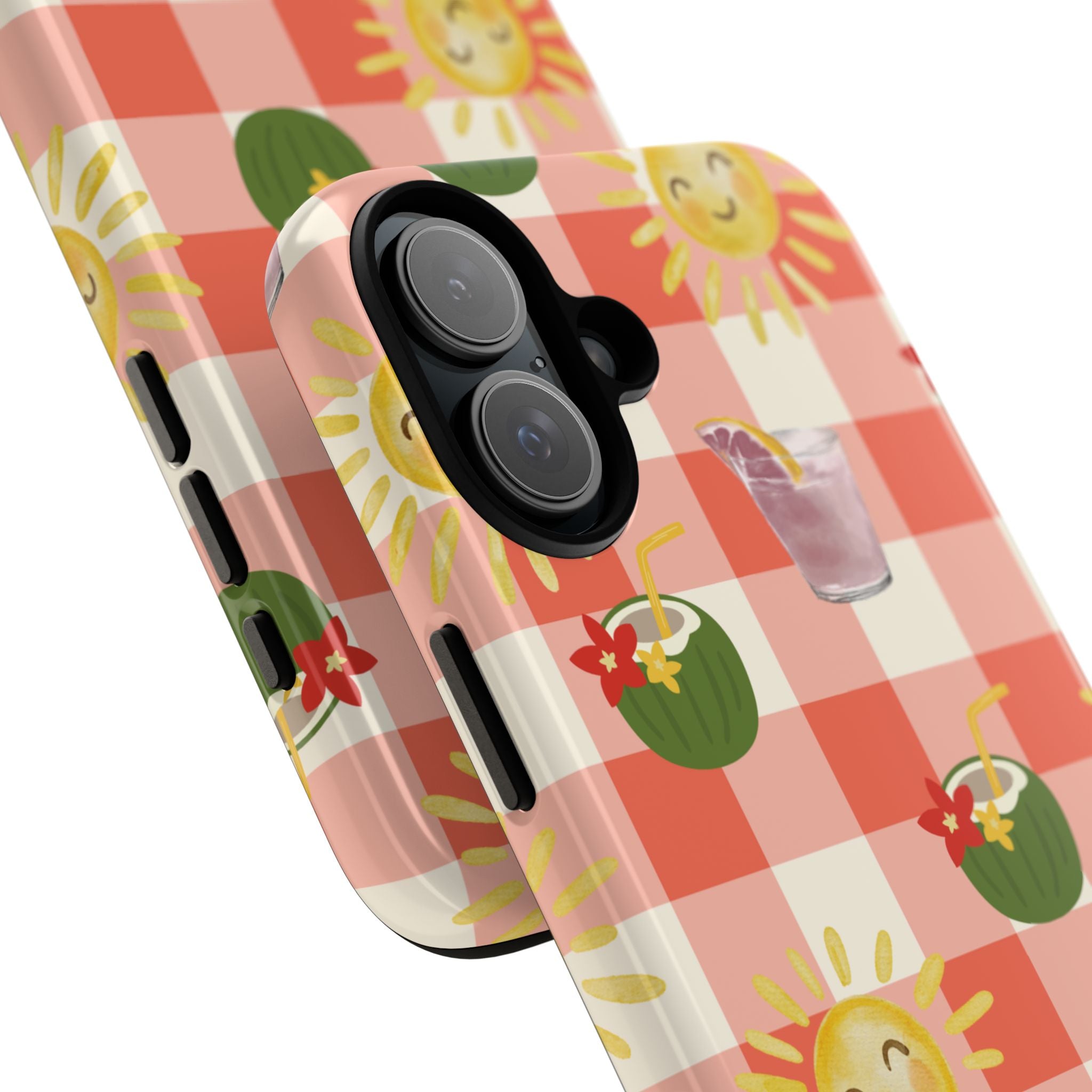 Sunny Picnic Phone Case — Cute Checkered Sun & Coconut Drink iPhone Tough Case