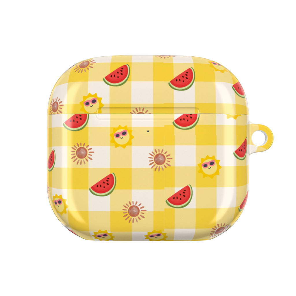 Summer Picnic AirPods Case — Yellow Gingham Watermelon & Sunglasses Sun Design