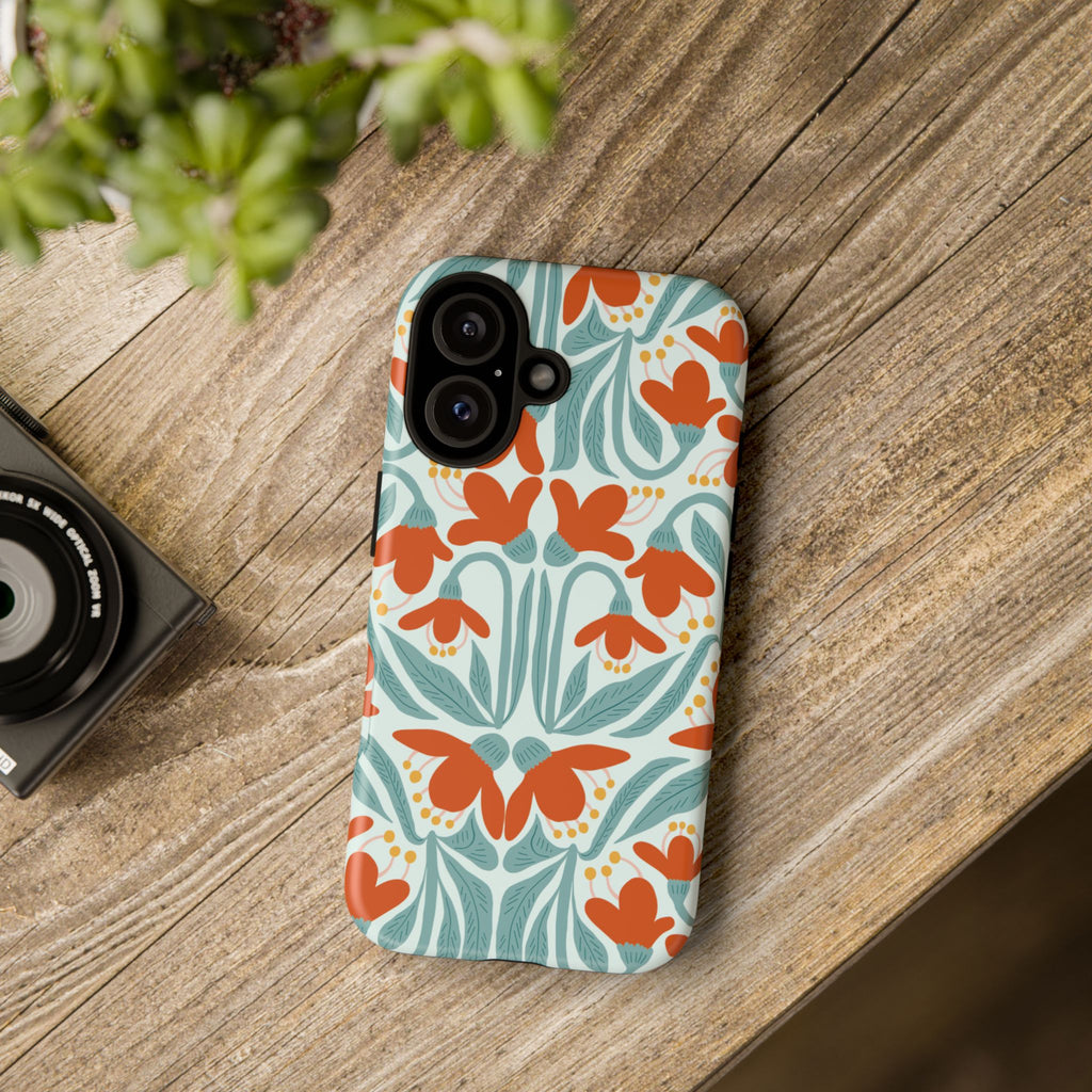 Floral Retro Phone Case – Orange Teal Vintage Blossom Tough Case