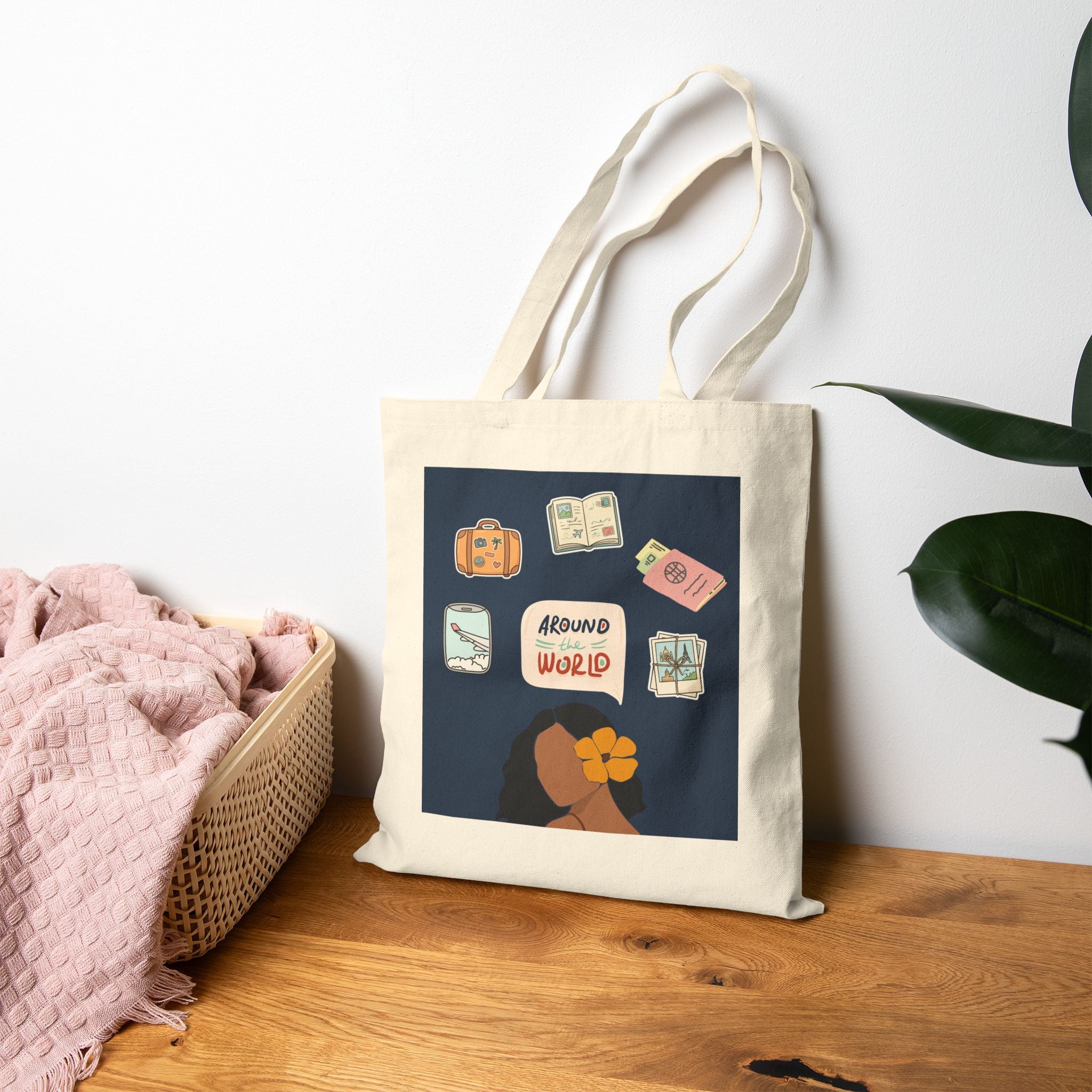 Tote Bag — Around the World Travel Tote with Passport & Luggage Illustration