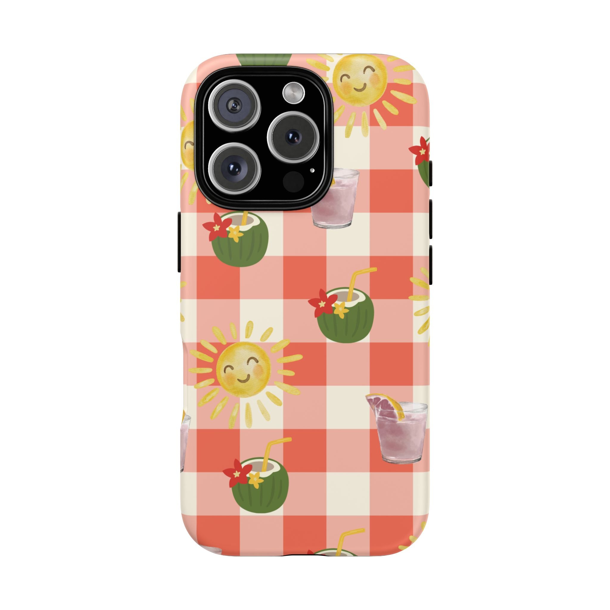 Sunny Picnic Phone Case — Cute Checkered Sun & Coconut Drink iPhone Tough Case