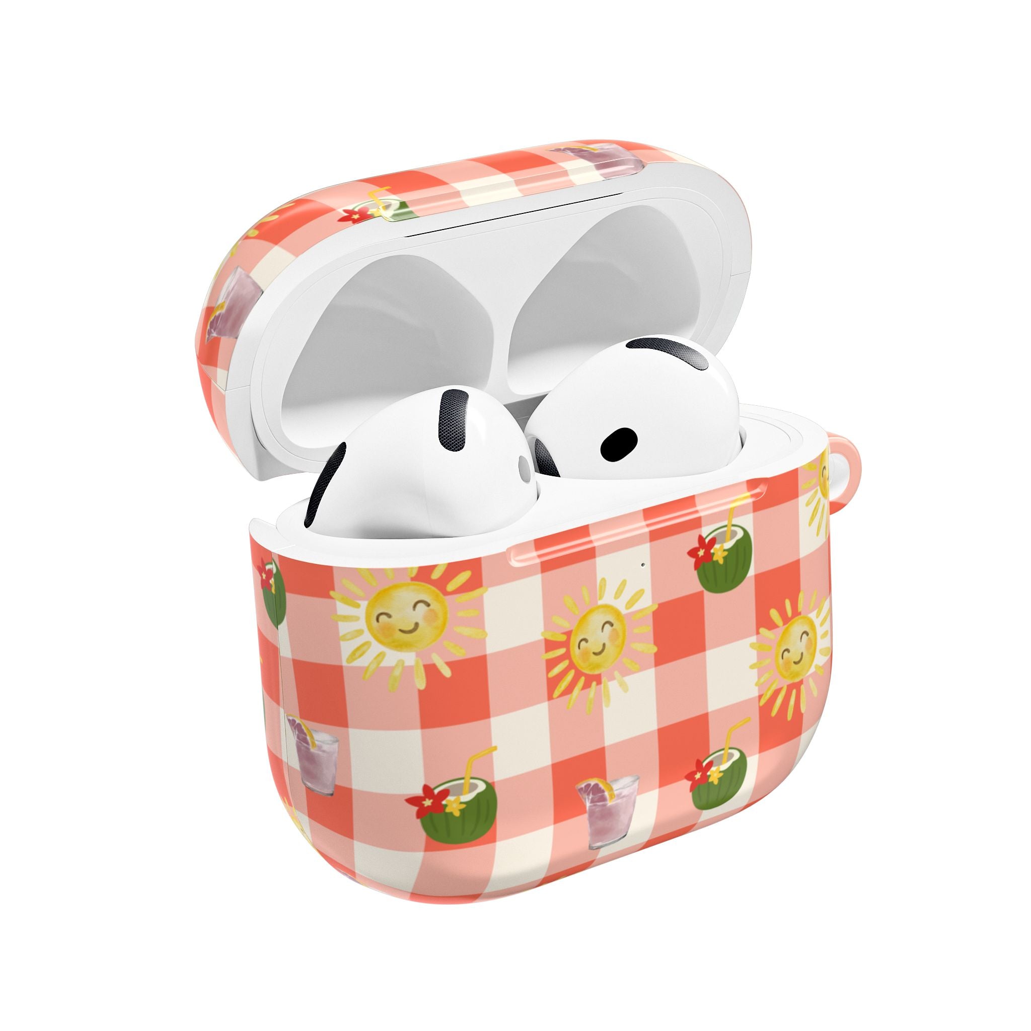 Sunshine Picnic AirPod Case — Cute Checkered Sun & Tropical Drink Design