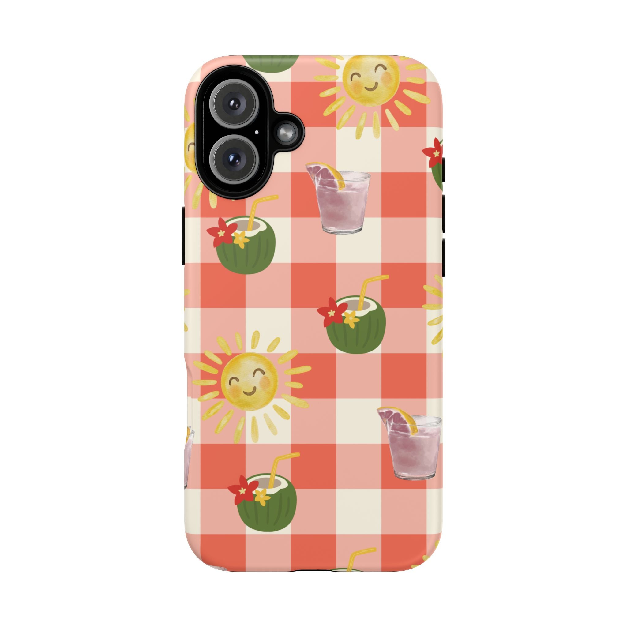 Sunny Picnic Phone Case — Cute Checkered Sun & Coconut Drink iPhone Tough Case