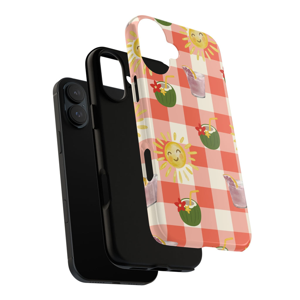 Sunny Picnic Phone Case — Cute Checkered Sun & Coconut Drink iPhone Tough Case