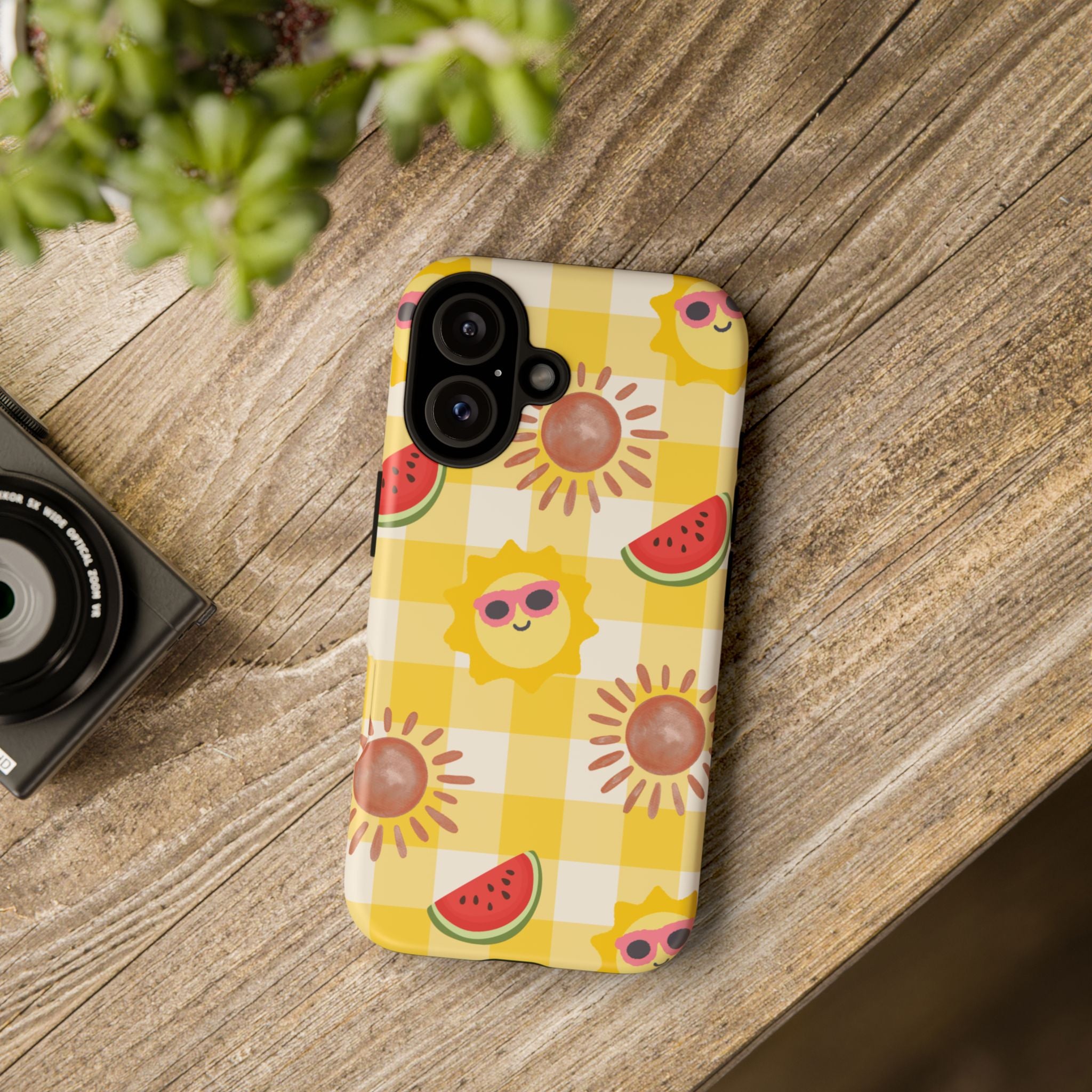 Summer Sun & Watermelon Phone Case — Cute Yellow Check Protective Tough Case