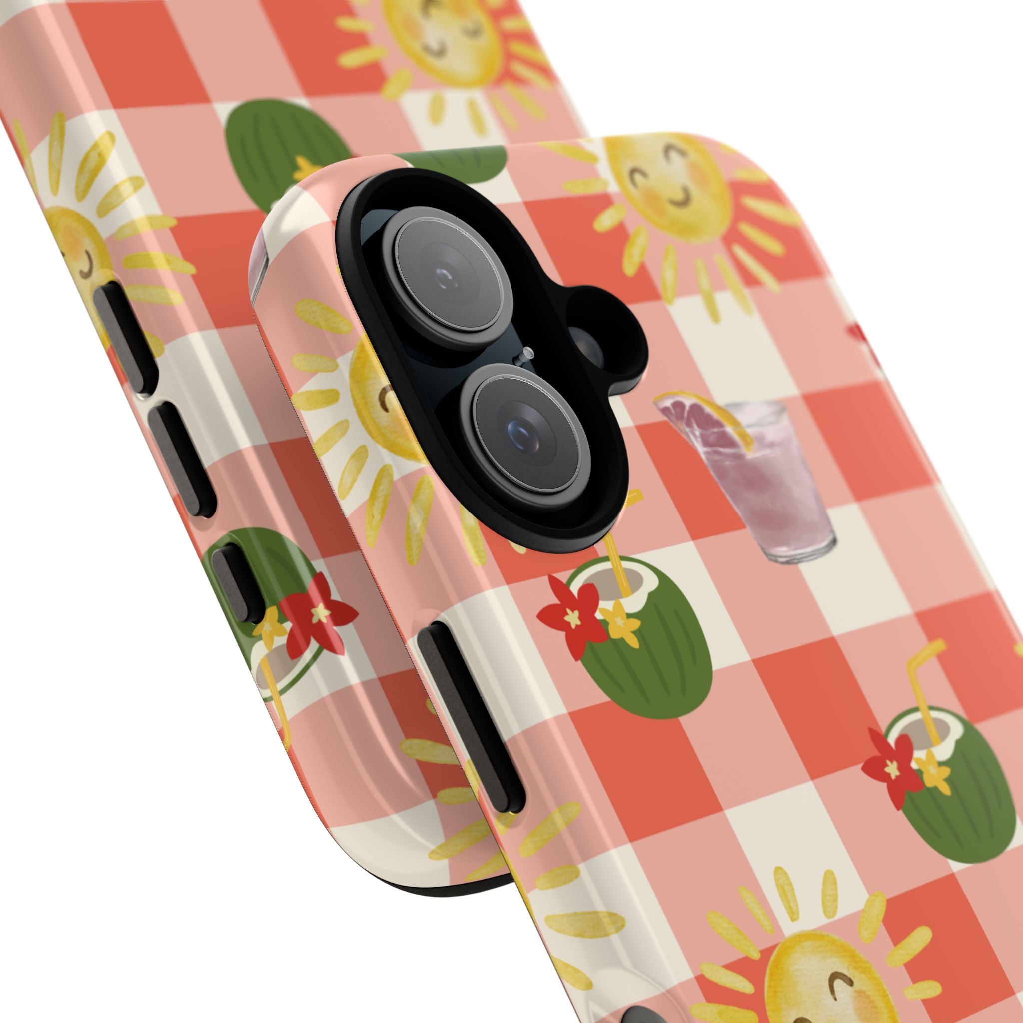 Sunny Picnic Phone Case — Cute Checkered Sun & Coconut Drink iPhone Tough Case
